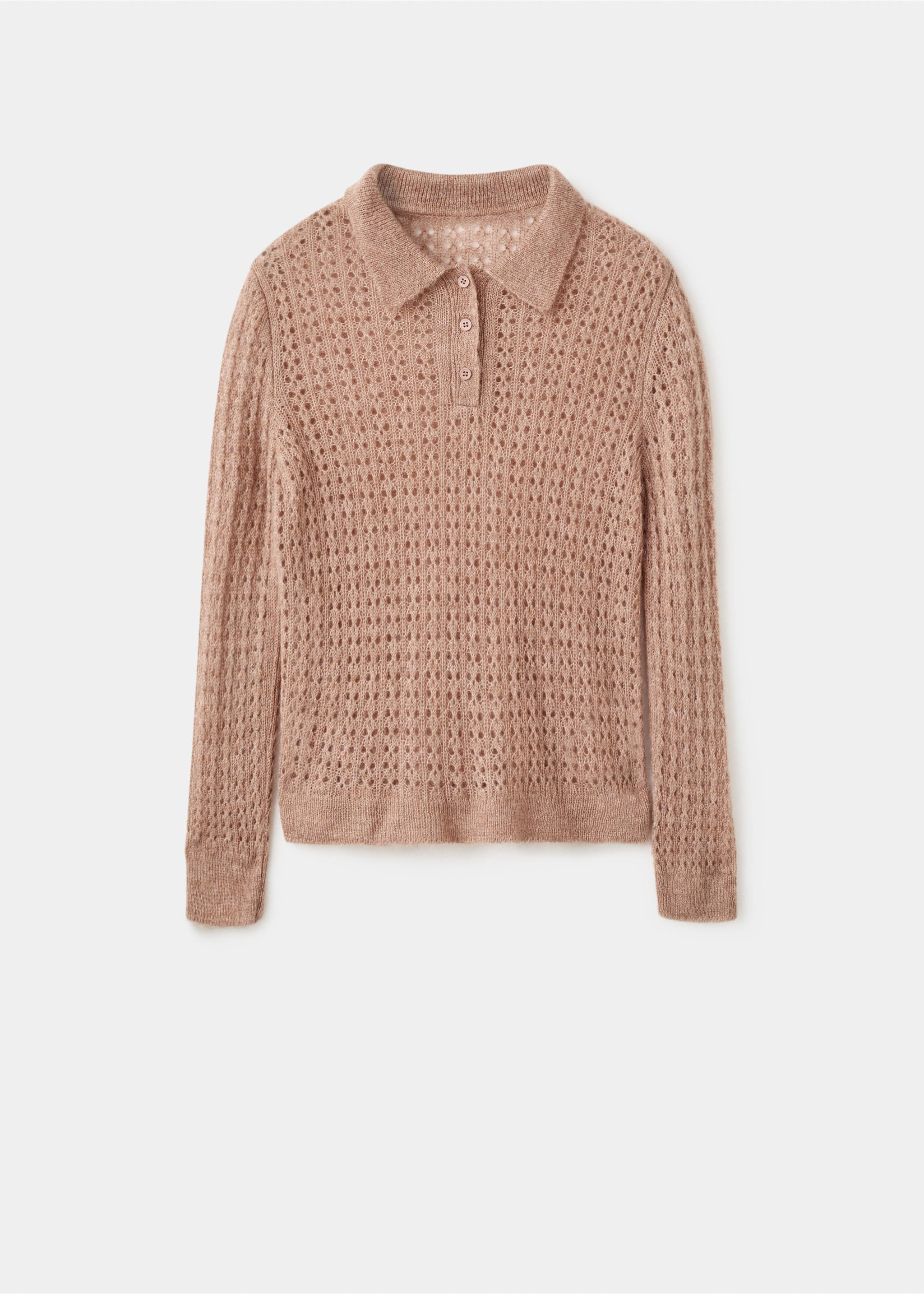 Light brown knitted polo sweater with an openwork pattern and button placket., Medium Brown. Ref: 17055823-00.