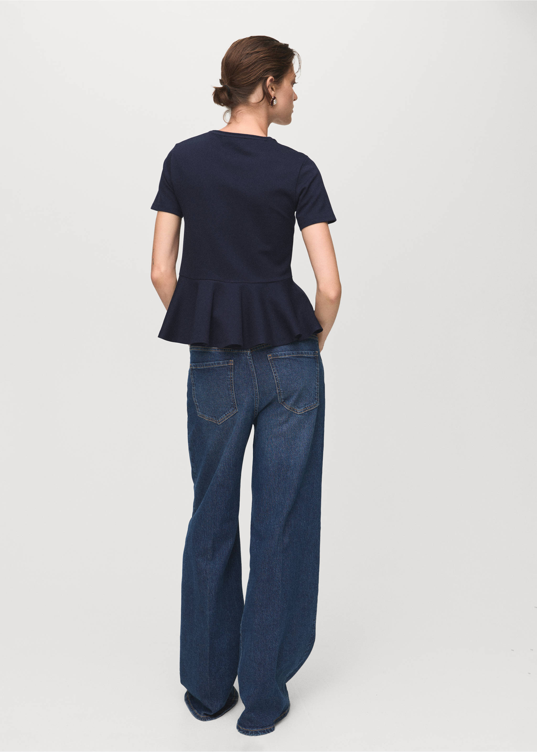 Short-sleeved peplum t-shirt - Reverse of the article, Navy. Ref: 17055826-00.