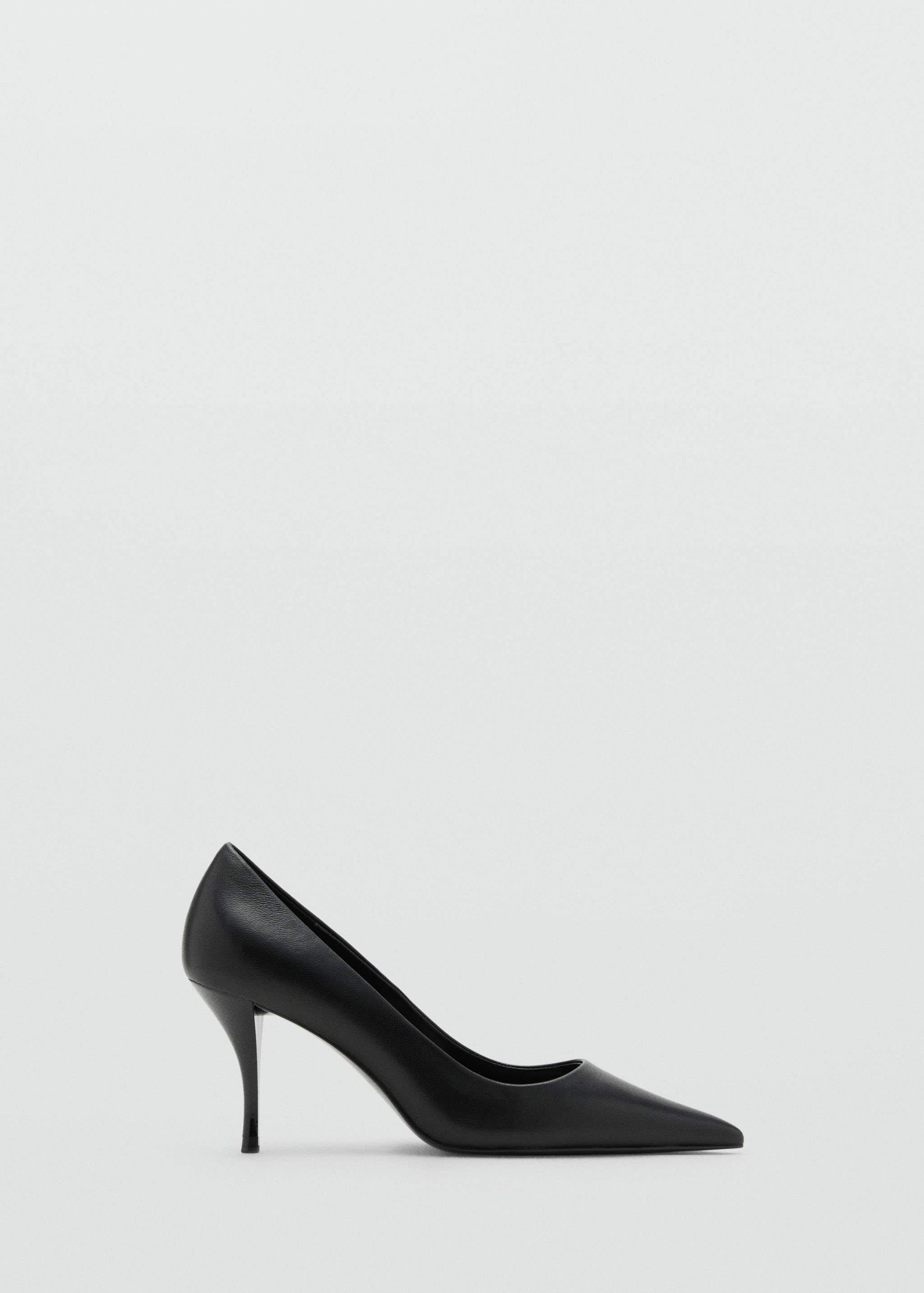 Black leather stiletto shoe with a pointed toe and slim heel.