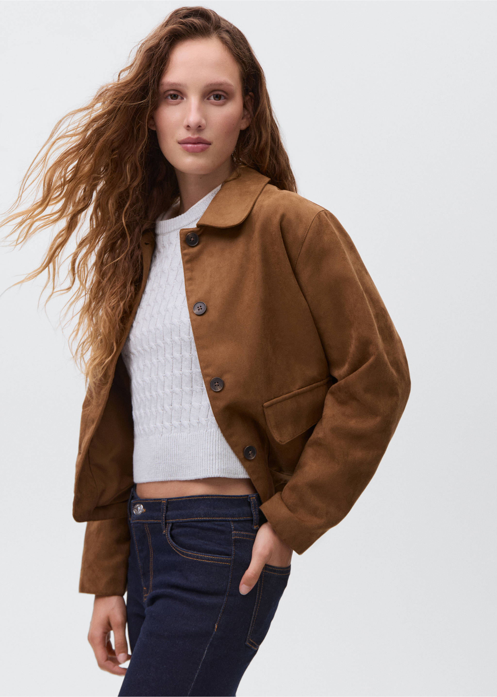 Suede effect jacket - Medium plane, Tobacco Brown. Ref: 17056332-00.