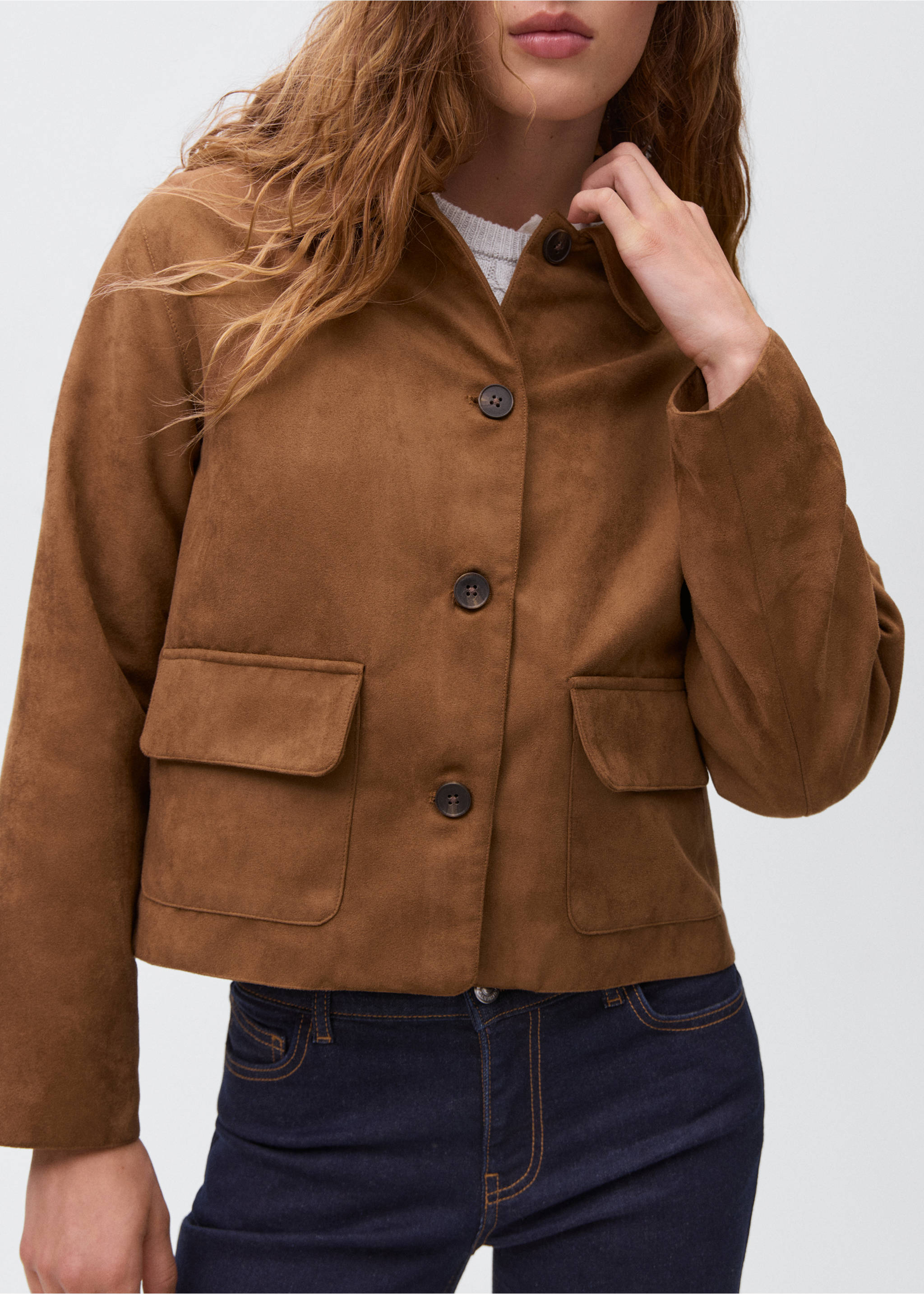 Suede effect jacket - Details of the article 3, Tobacco Brown. Ref: 17056332-00.