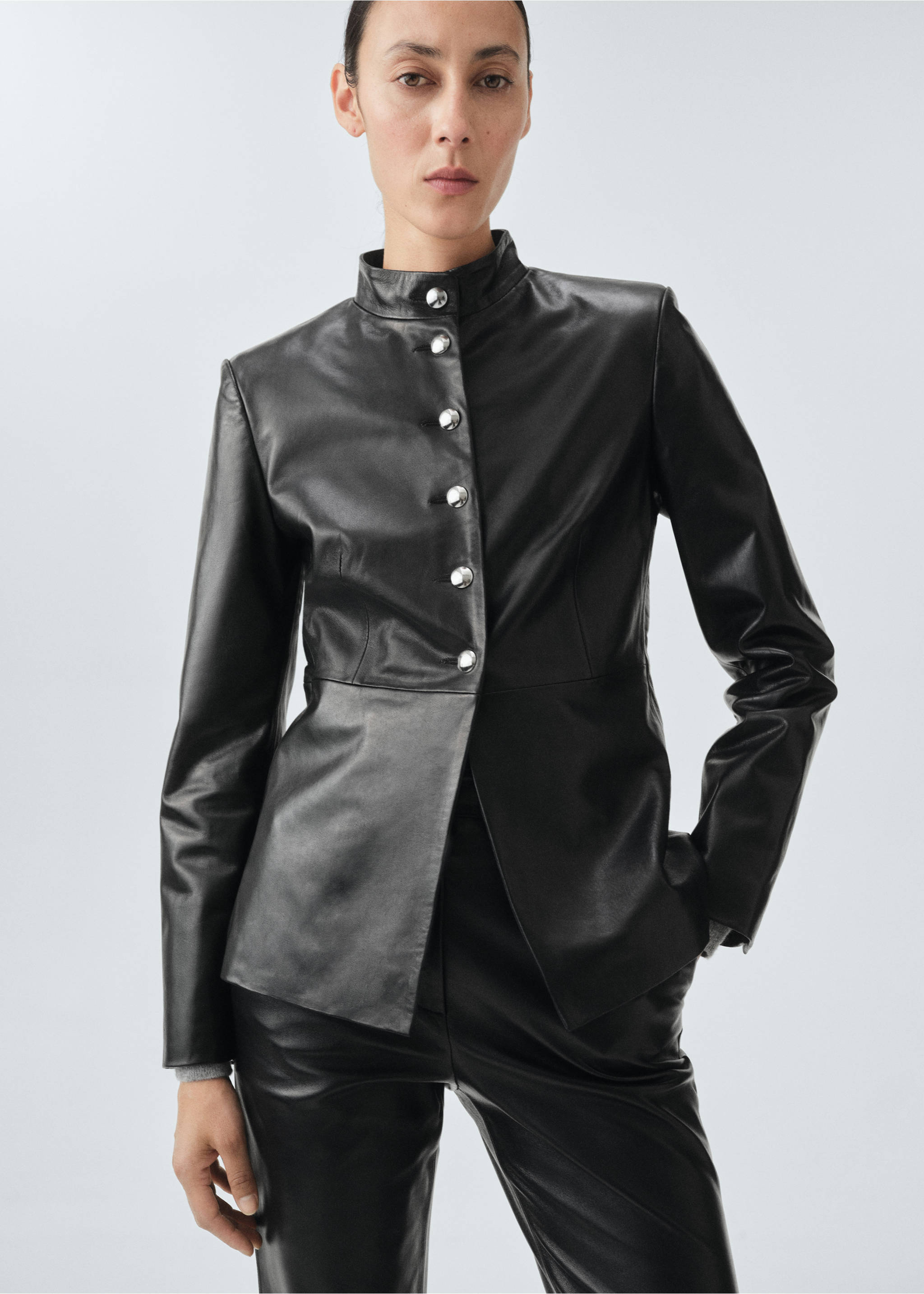 Jaqueta 100% pell botons - Pla mig, Negre. Ref: 17056344-00.