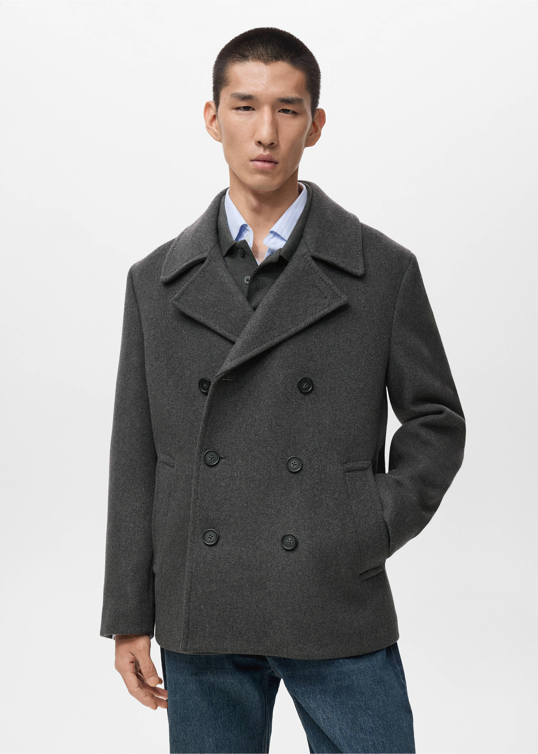 Wool double-breasted coat with buttons - Medium plane, Grey. Ref: 17056722-00.