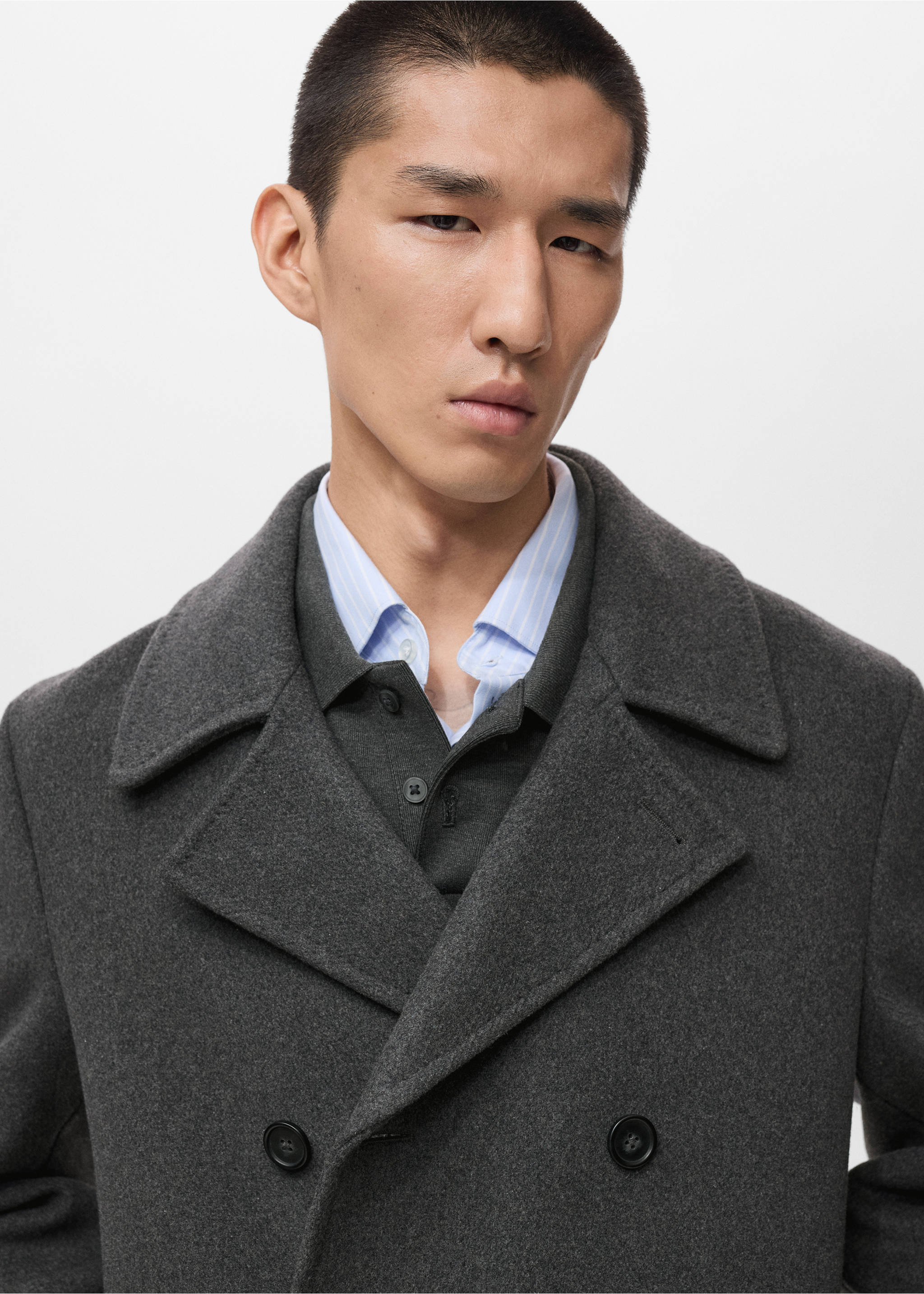 Wool double-breasted coat with buttons - Details of the article 1, Grey. Ref: 17056722-00.