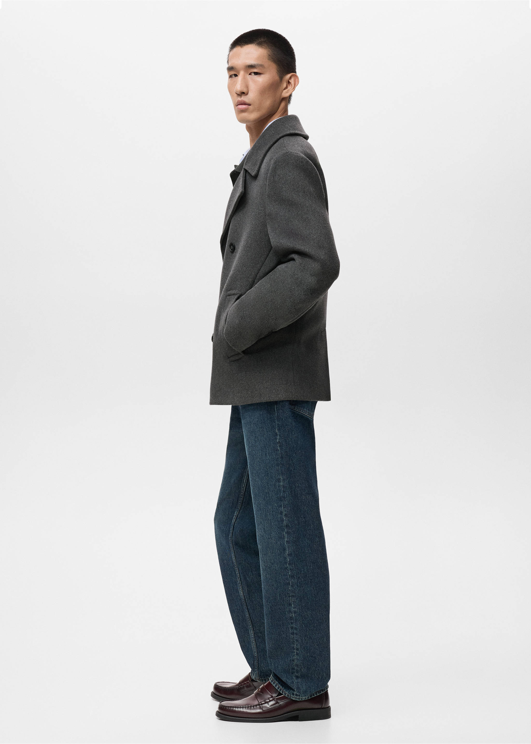 Wool double-breasted coat with buttons - Details of the article 2, Grey. Ref: 17056722-00.