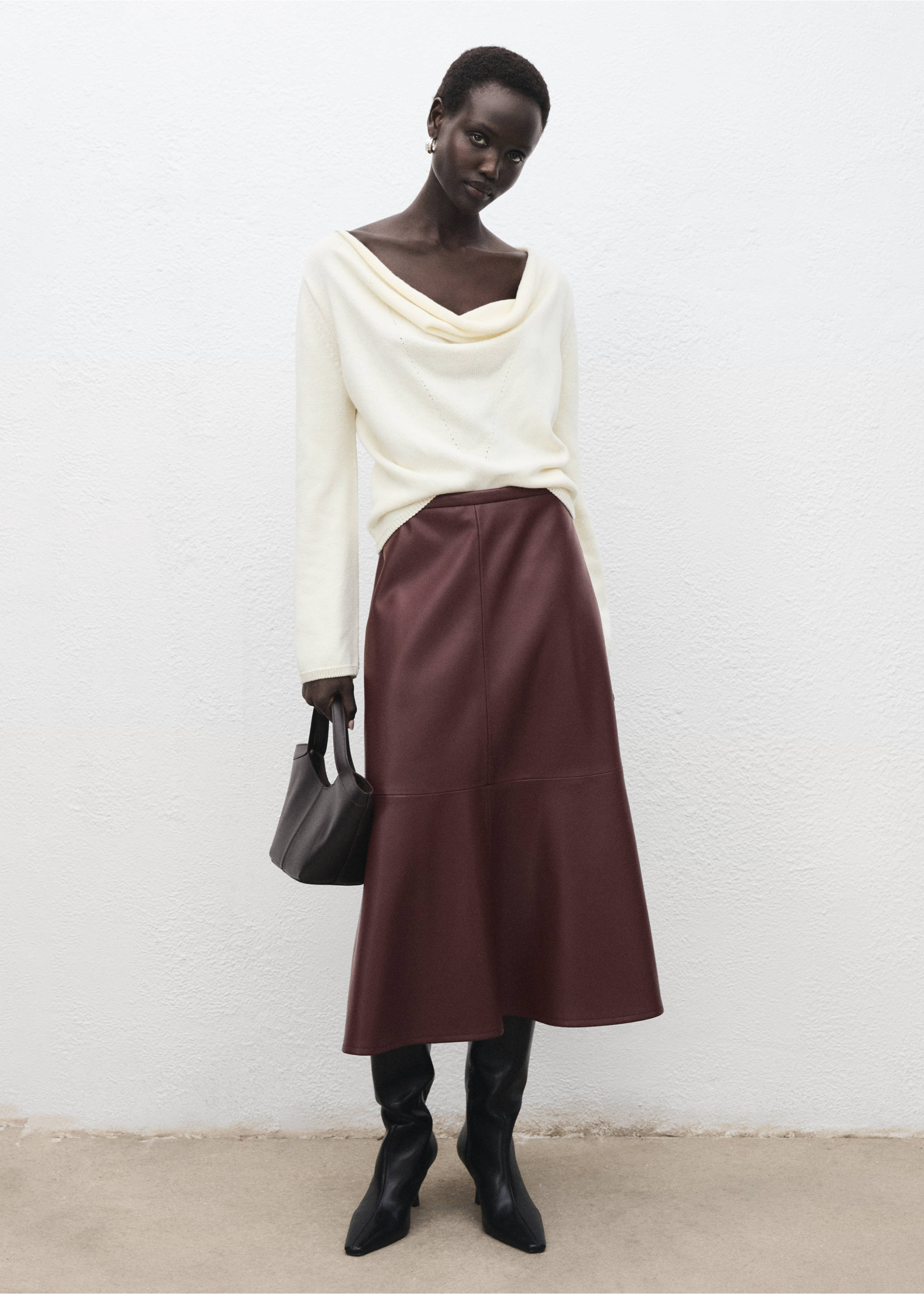 Faux-leather midi-skirt - General plane, Maroon. Ref: 17056723-00.