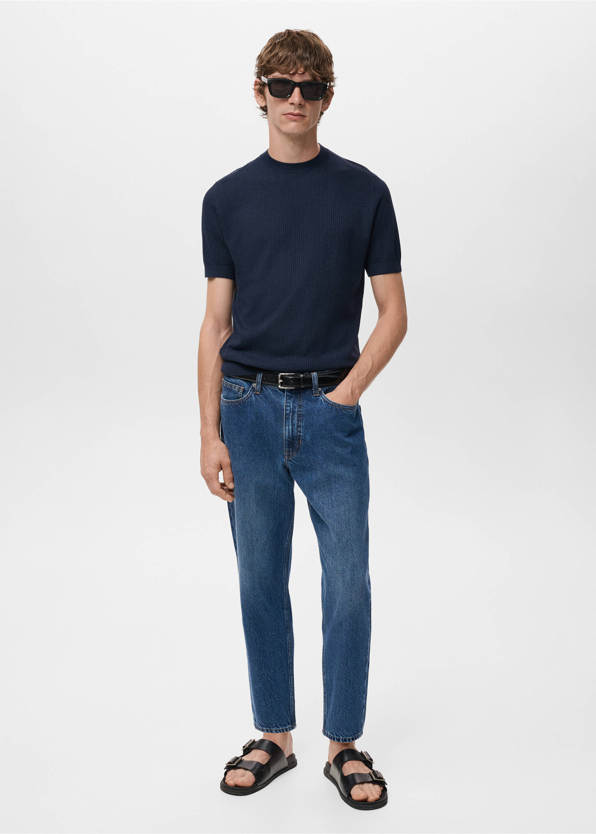 Ribbed  knit t-shirt - General plane, Navy. Ref: 17057762-00.