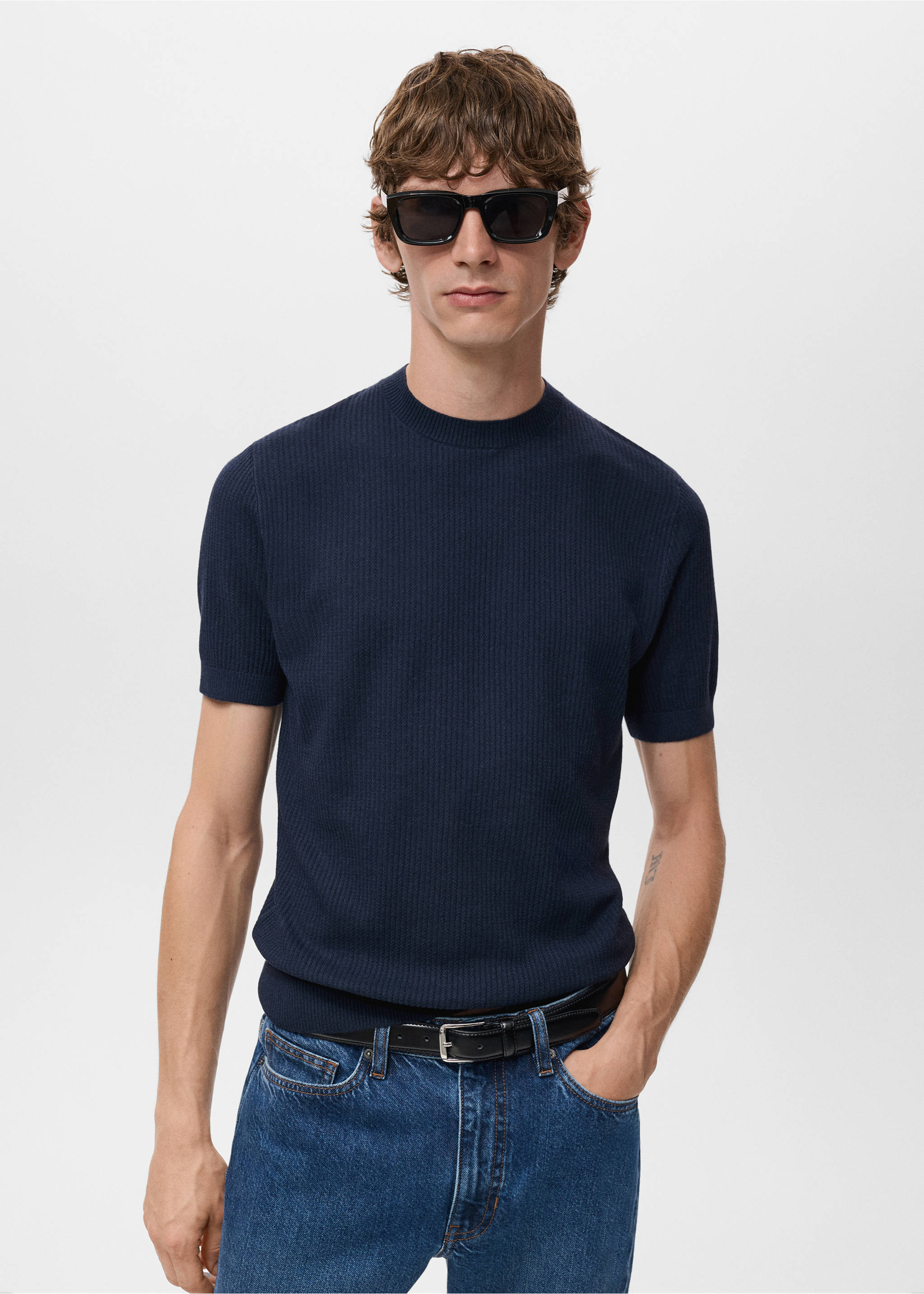 Ribbed  knit t-shirt - Medium plane, Navy. Ref: 17057762-00.
