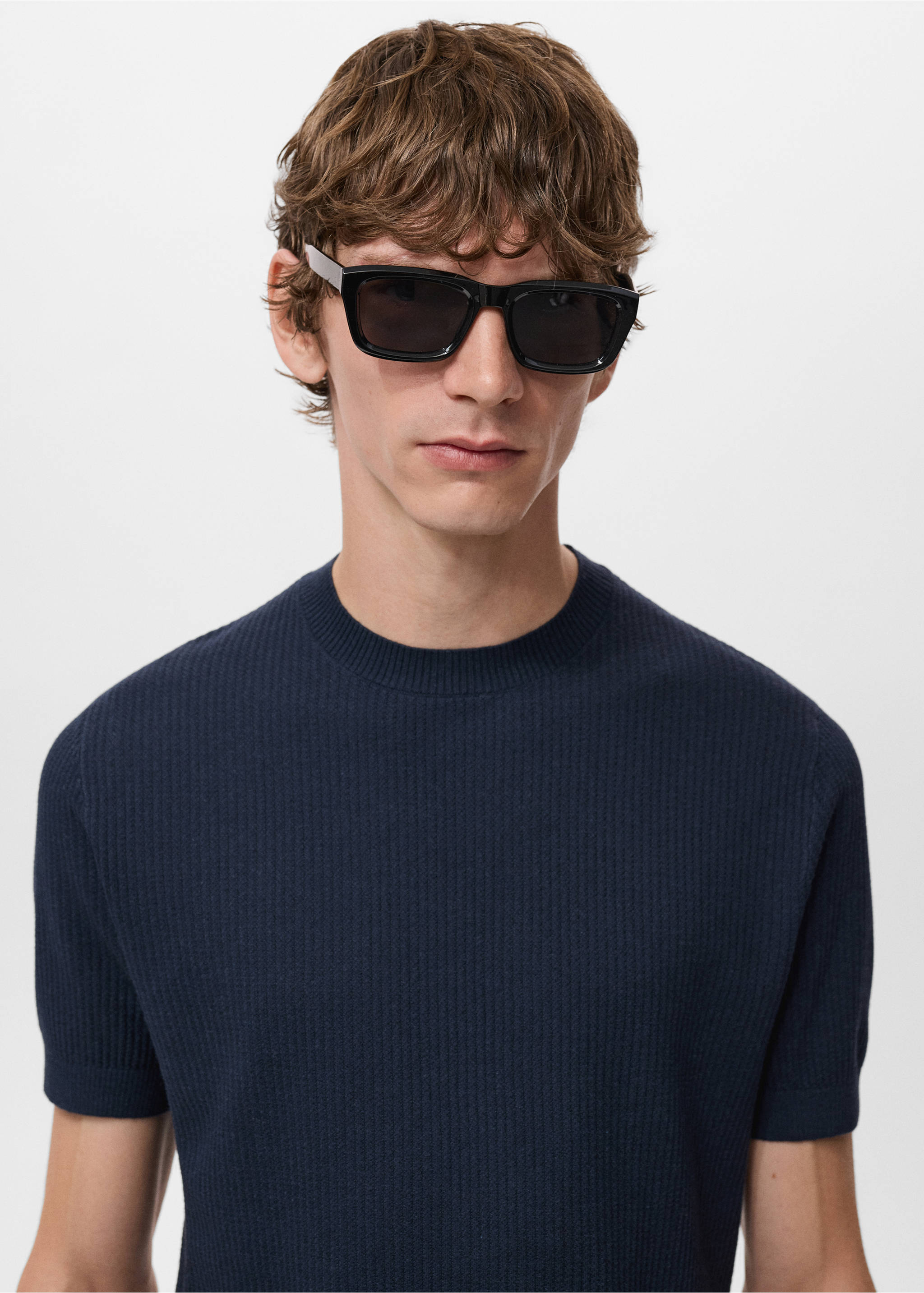 Ribbed  knit t-shirt - Details of the article 1, Navy. Ref: 17057762-00.