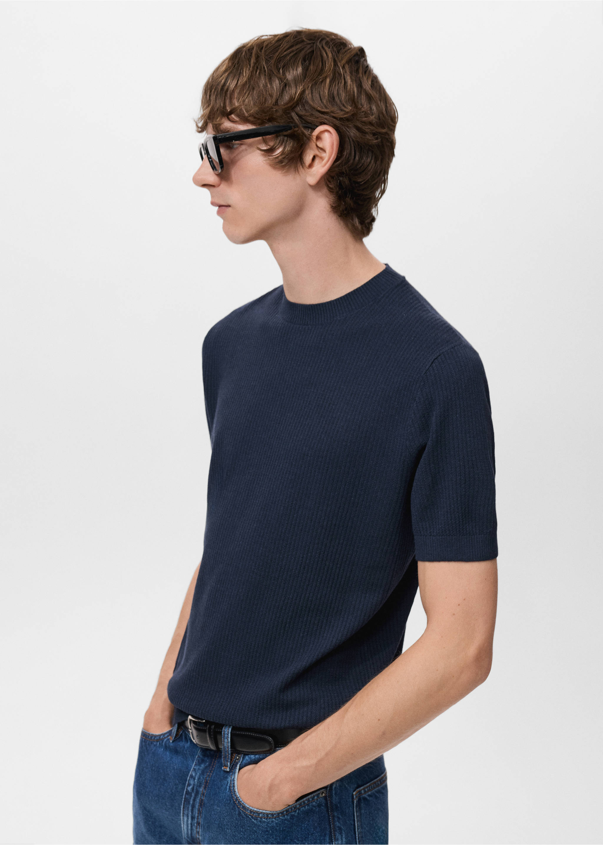 Ribbed  knit t-shirt - Details of the article 2, Navy. Ref: 17057762-00.