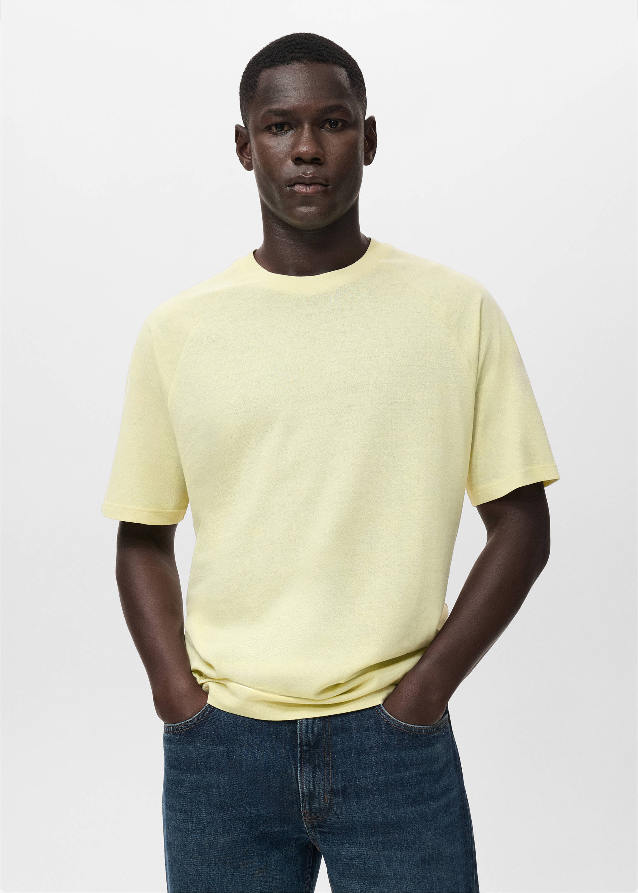 Relaxed-fit cotton-linen t-shirt - Medium plane, Neon Yellow. Ref: 17057767-00.