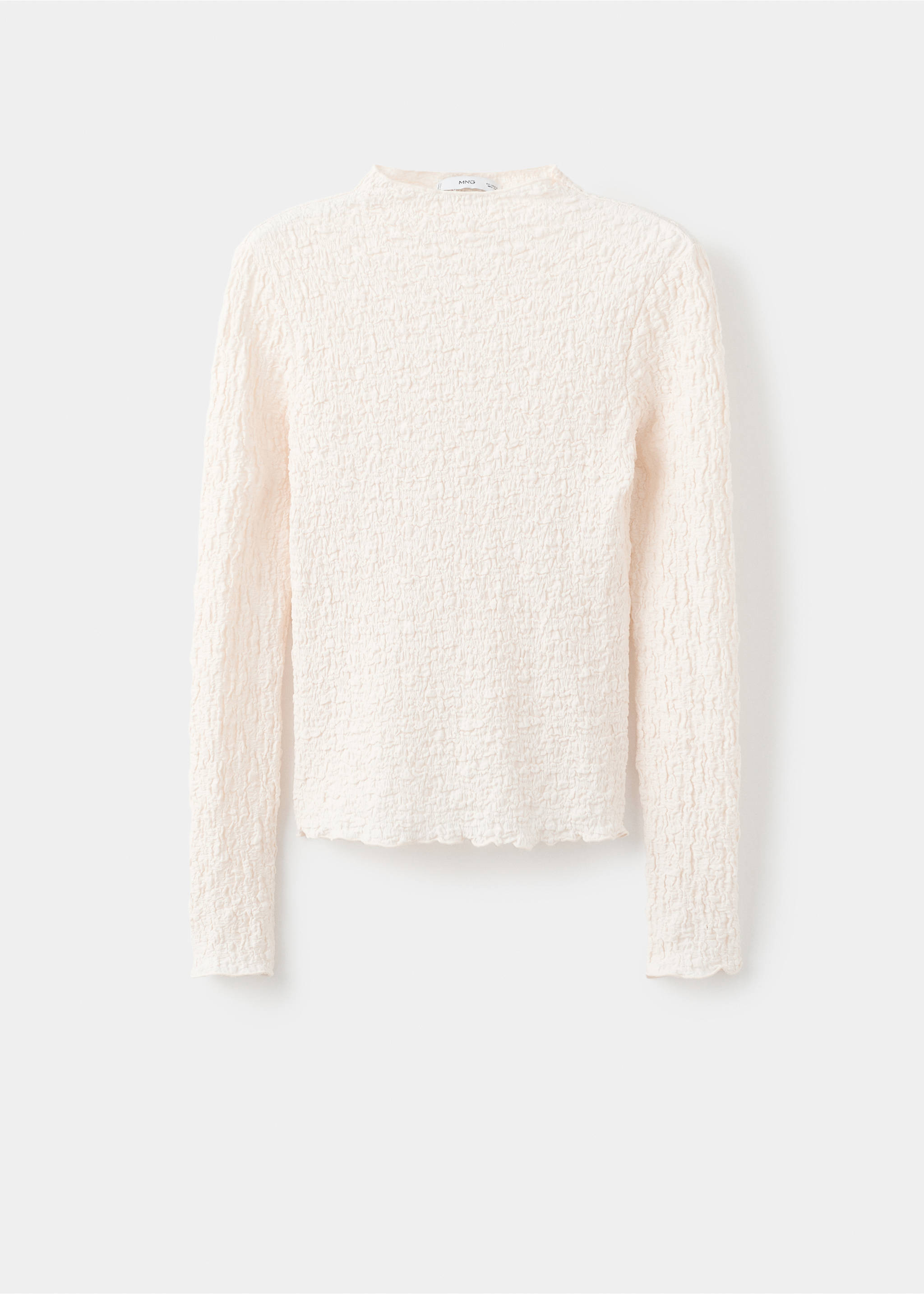 Off-white textured long-sleeve top with a high neckline and ruffled edges., Ecru. Ref: 17057793-00.