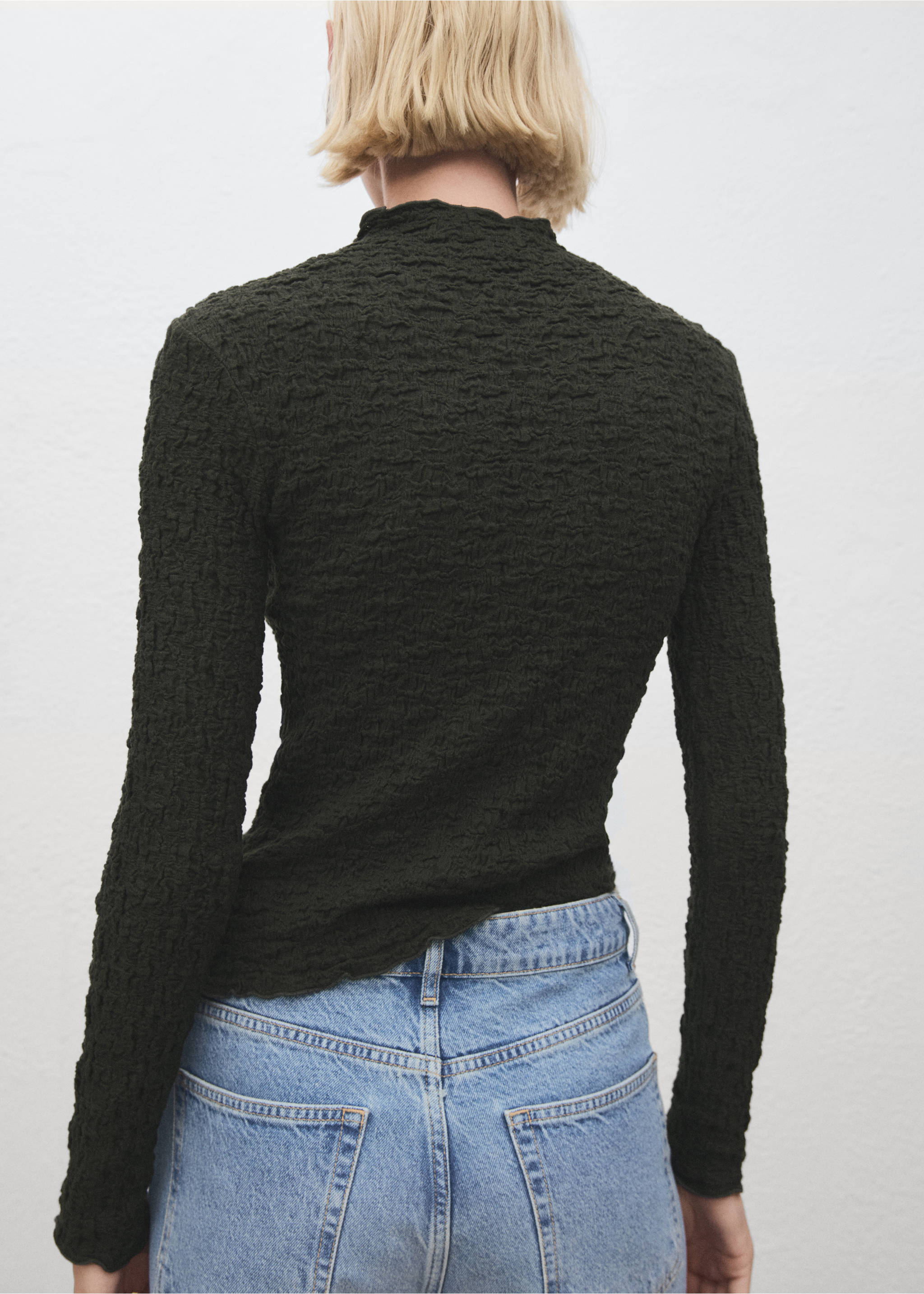 Back view of a dark green long-sleeved top in textured fabric., Khaki. Ref: 17057793-00.
