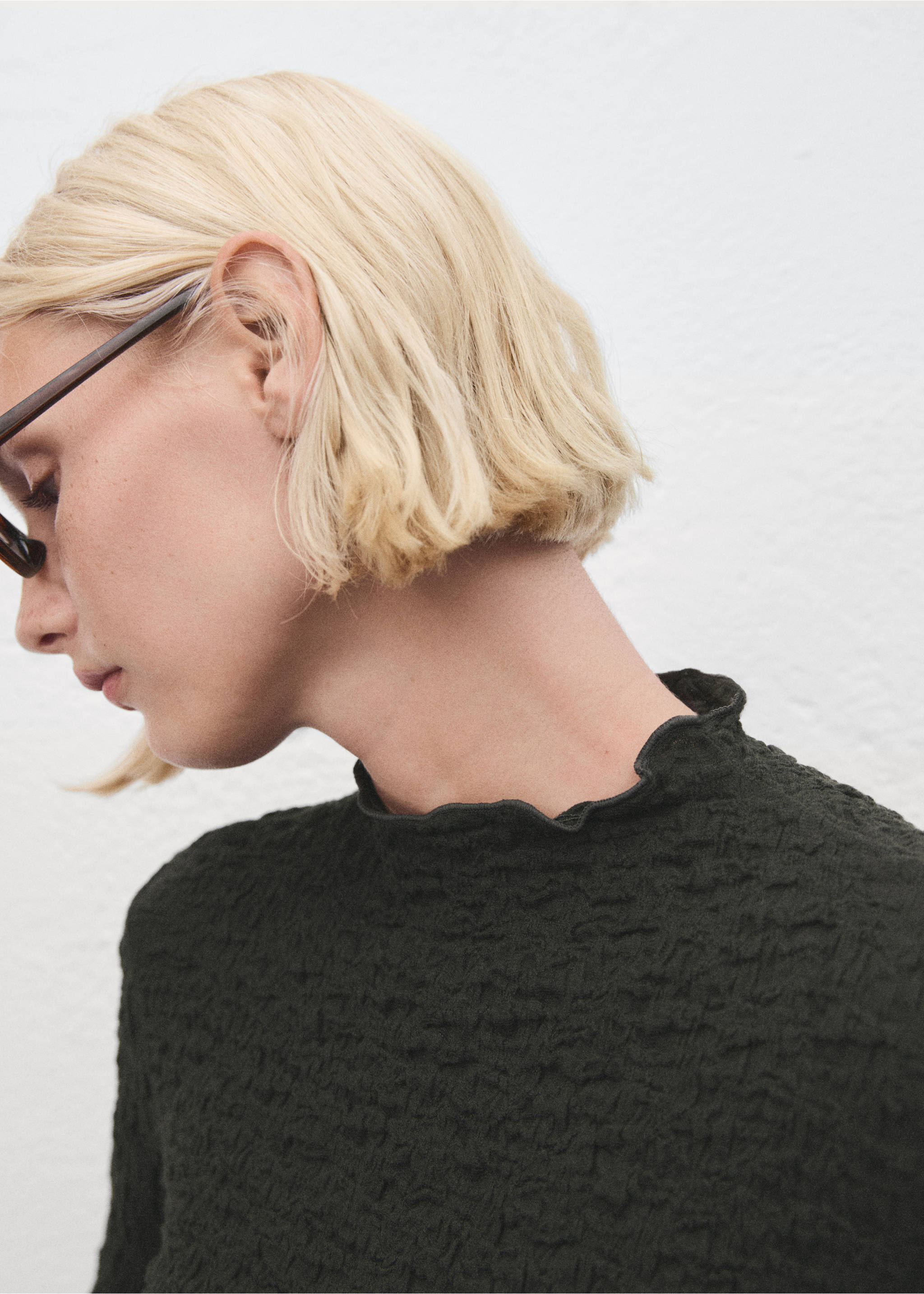 Dark green textured top with frilled mock neck., Khaki. Ref: 17057793-00.