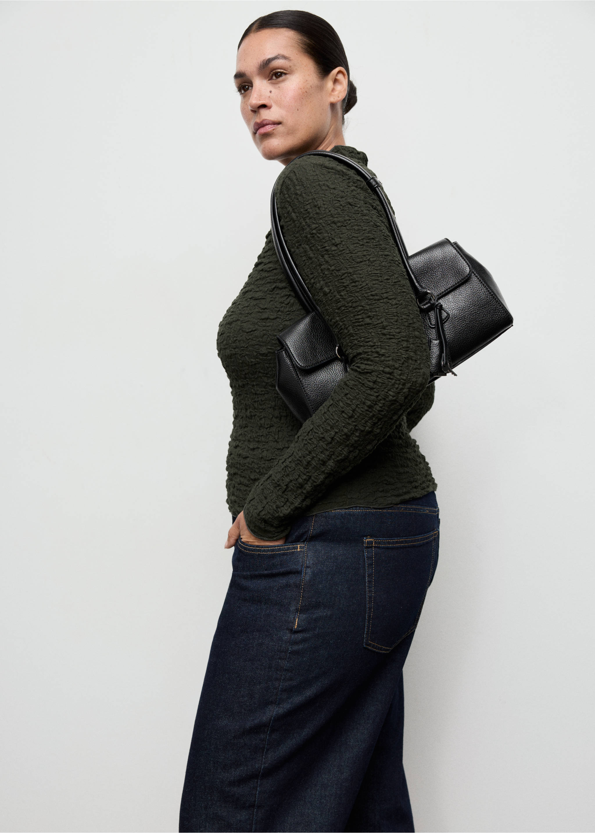 Dark green textured long-sleeve top with a high neckline., Khaki. Ref: 17057793-00.