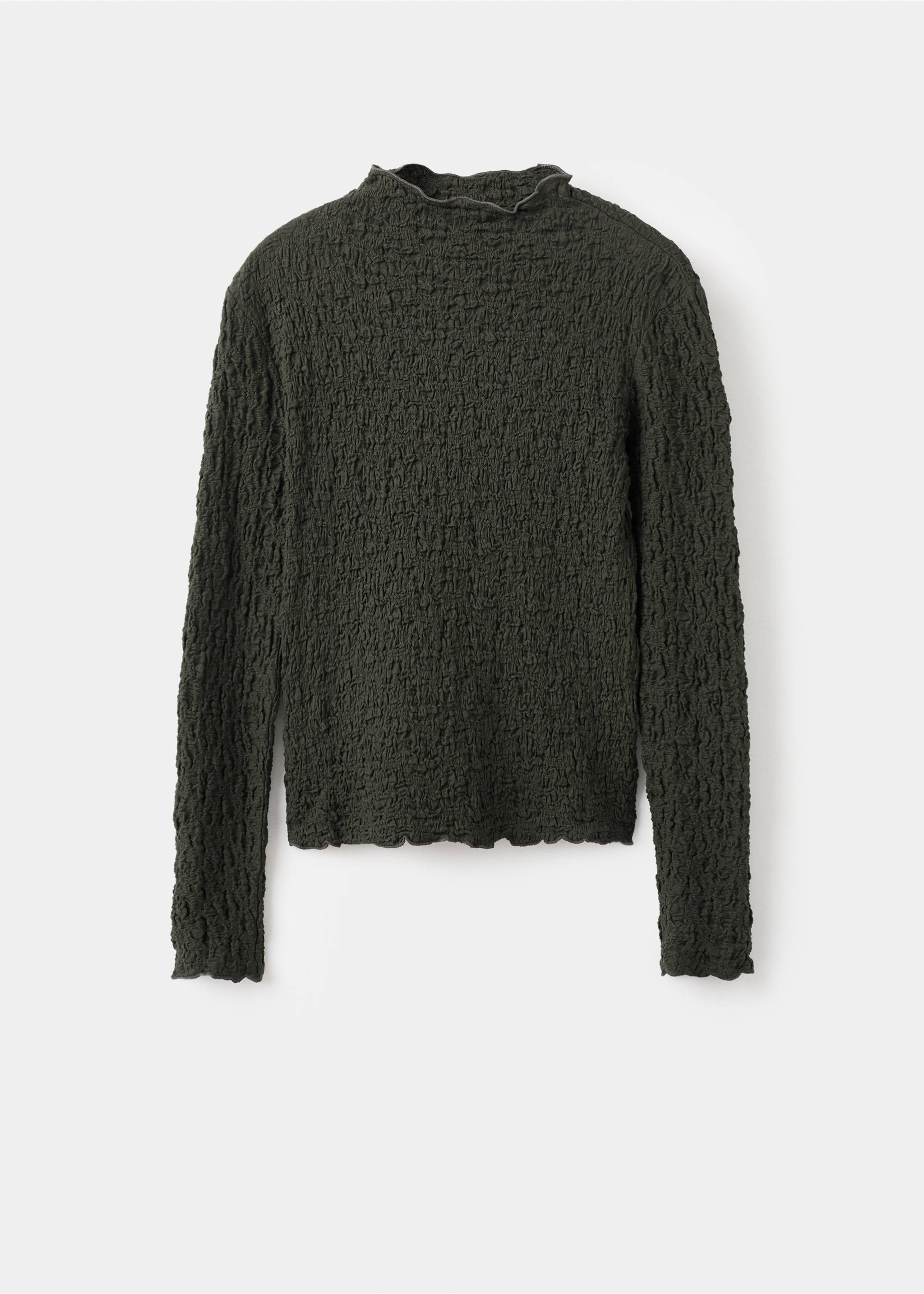 Dark green textured long-sleeve top with a ruffled mock neck., Khaki. Ref: 17057793-00.