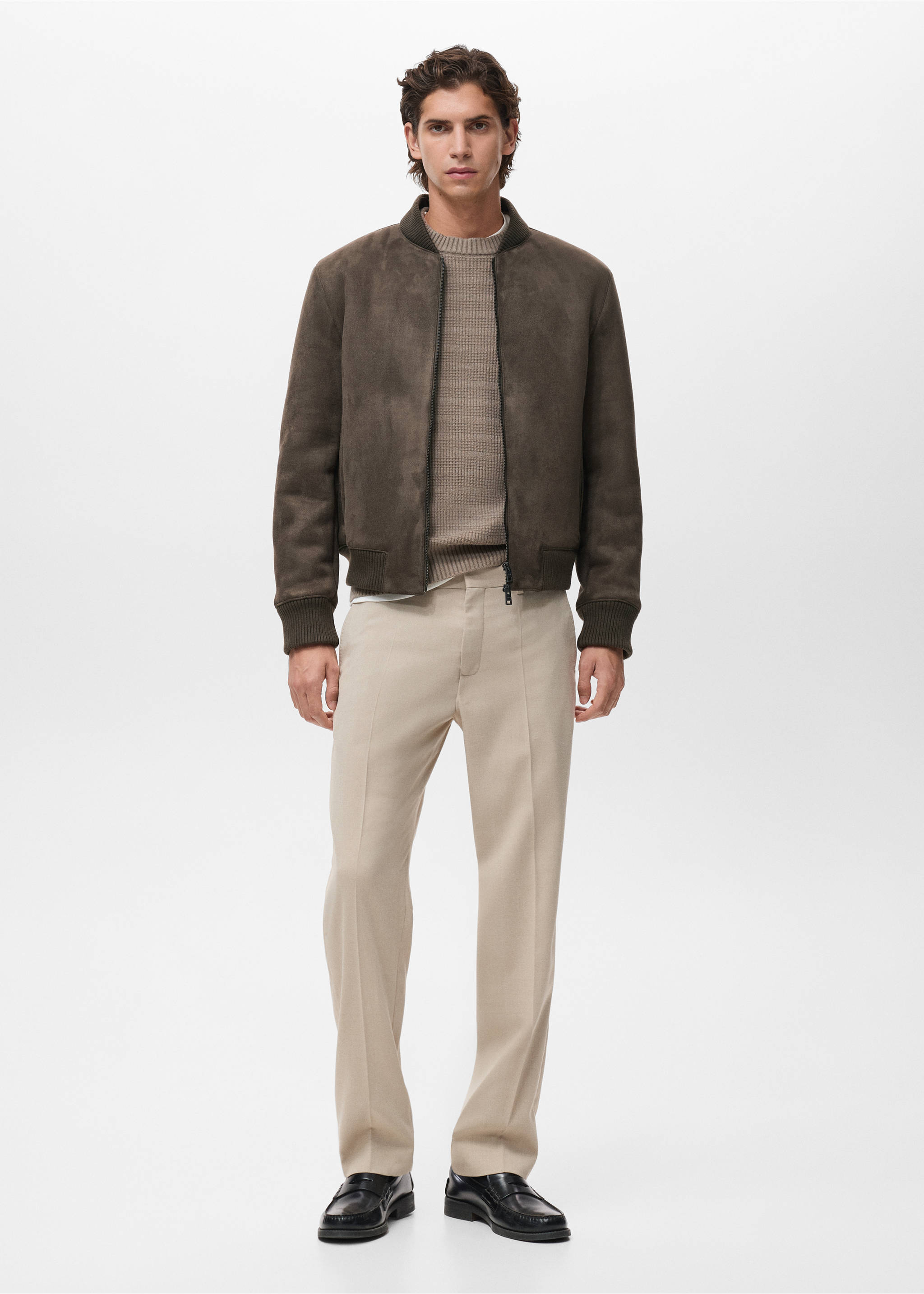 Dark brown suede bomber jacket with ribbed knit trims, worn with a beige jumper and trousers., Brown. Ref: 17057884-00.