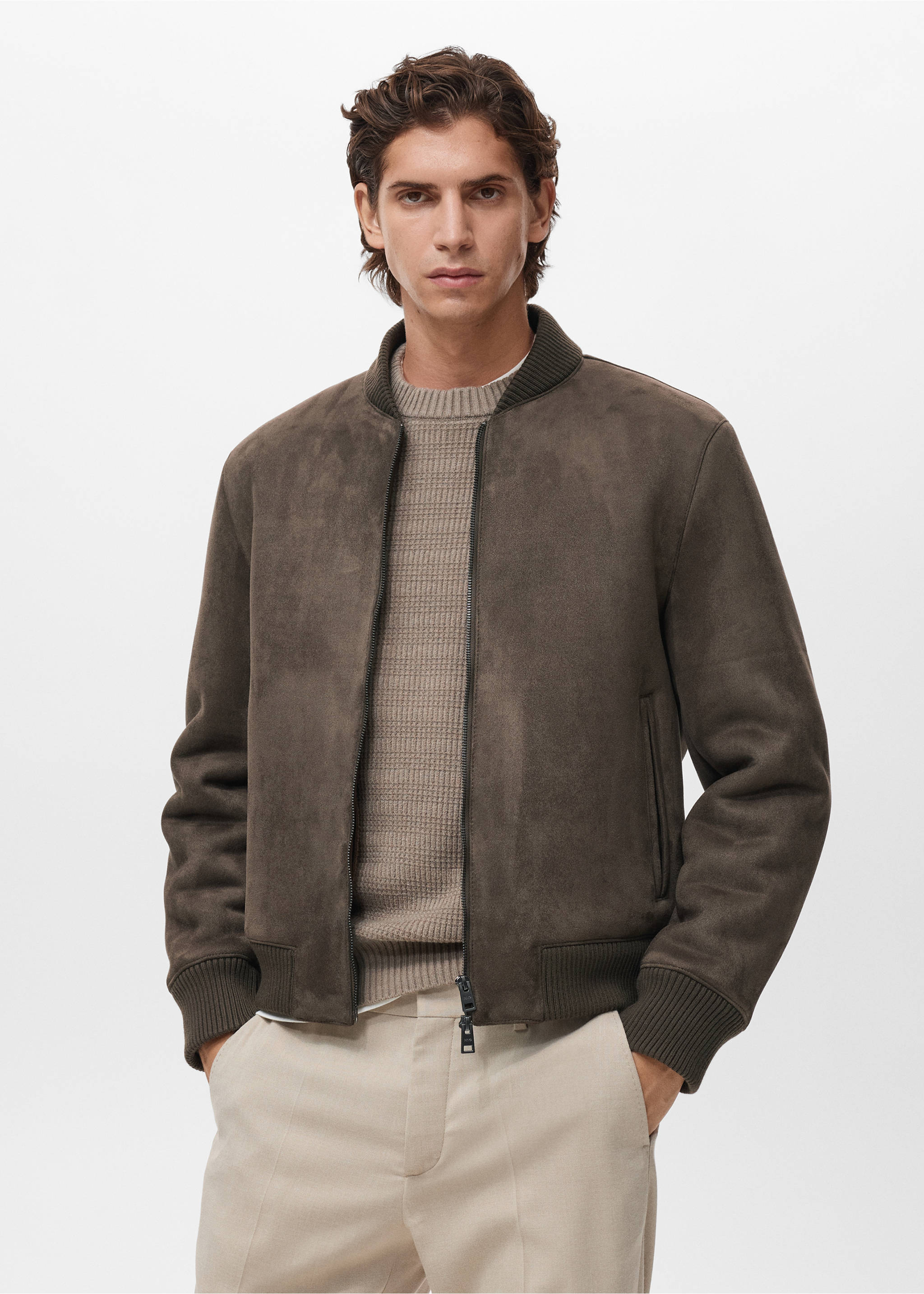 Dark olive-brown suede bomber jacket with ribbed trims., Brown. Ref: 17057884-00.