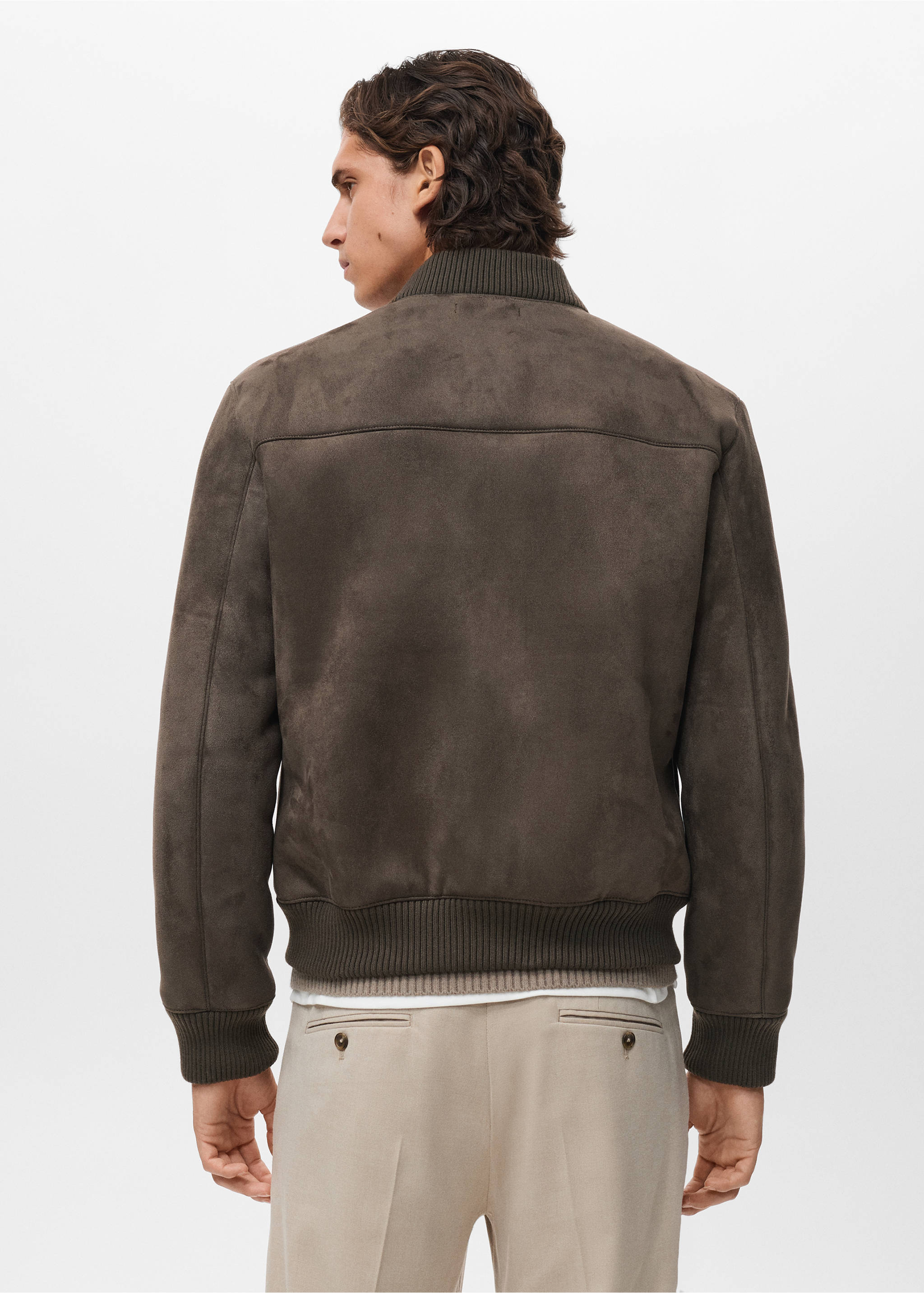 Dark olive-green suede jacket with ribbed knit trim, back view., Brown. Ref: 17057884-00.