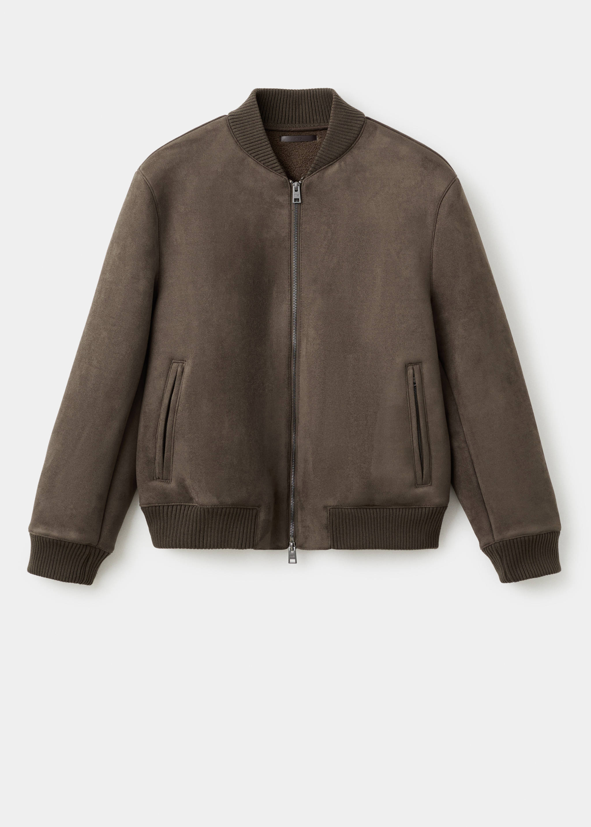 Dark brown suede-effect bomber jacket with ribbed knit trims.