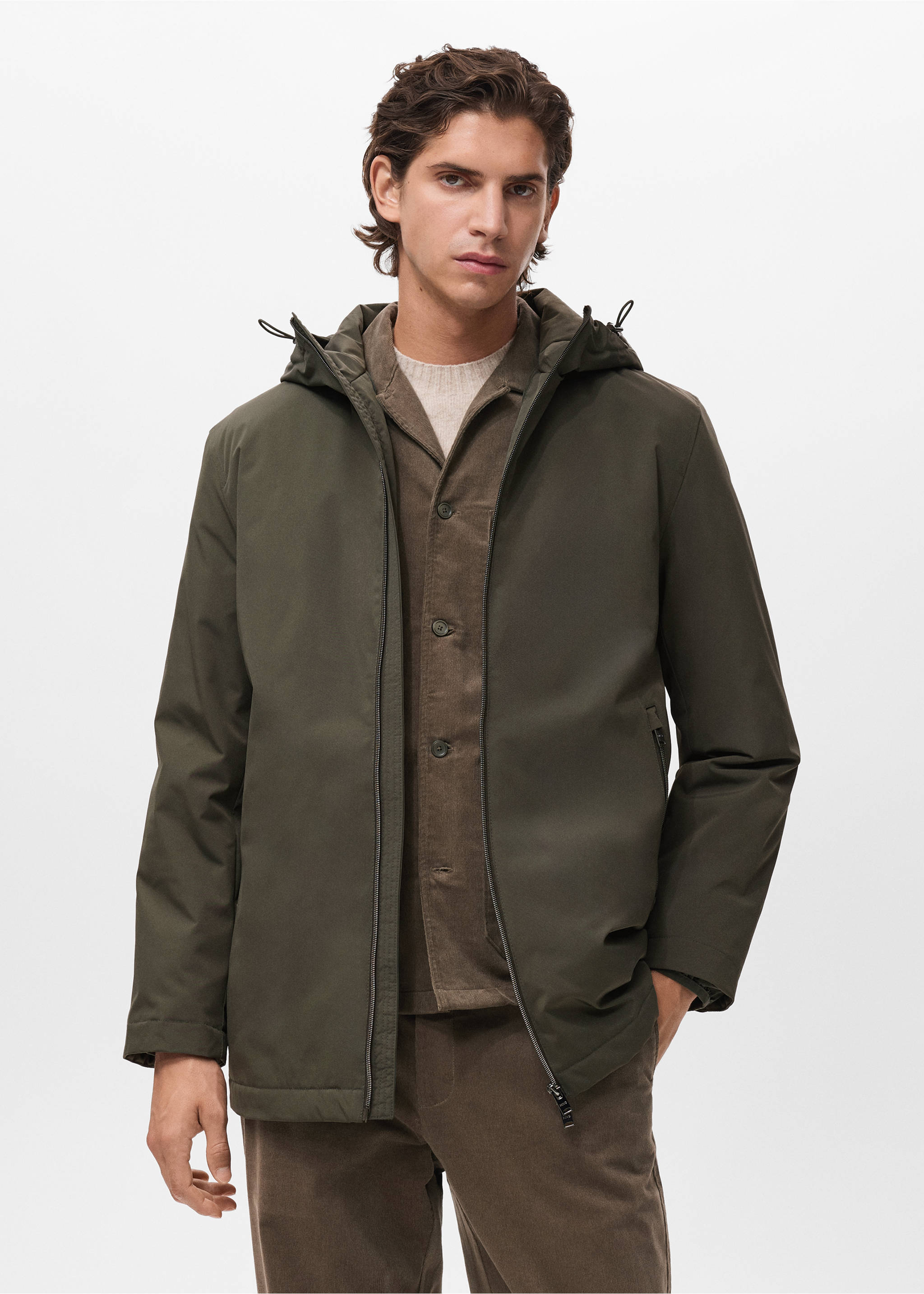 Water-repellent hooded parka - Medium plane, Dark Green. Ref: 17057887-00.