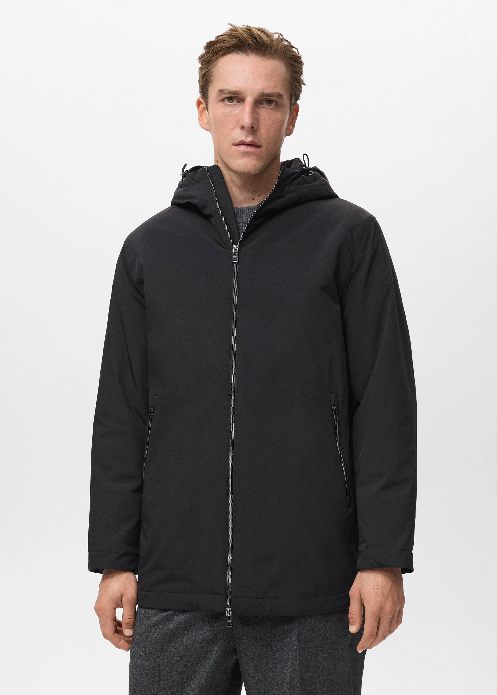 Water-repellent hooded parka - Medium plane, Black. Ref: 17057887-00.