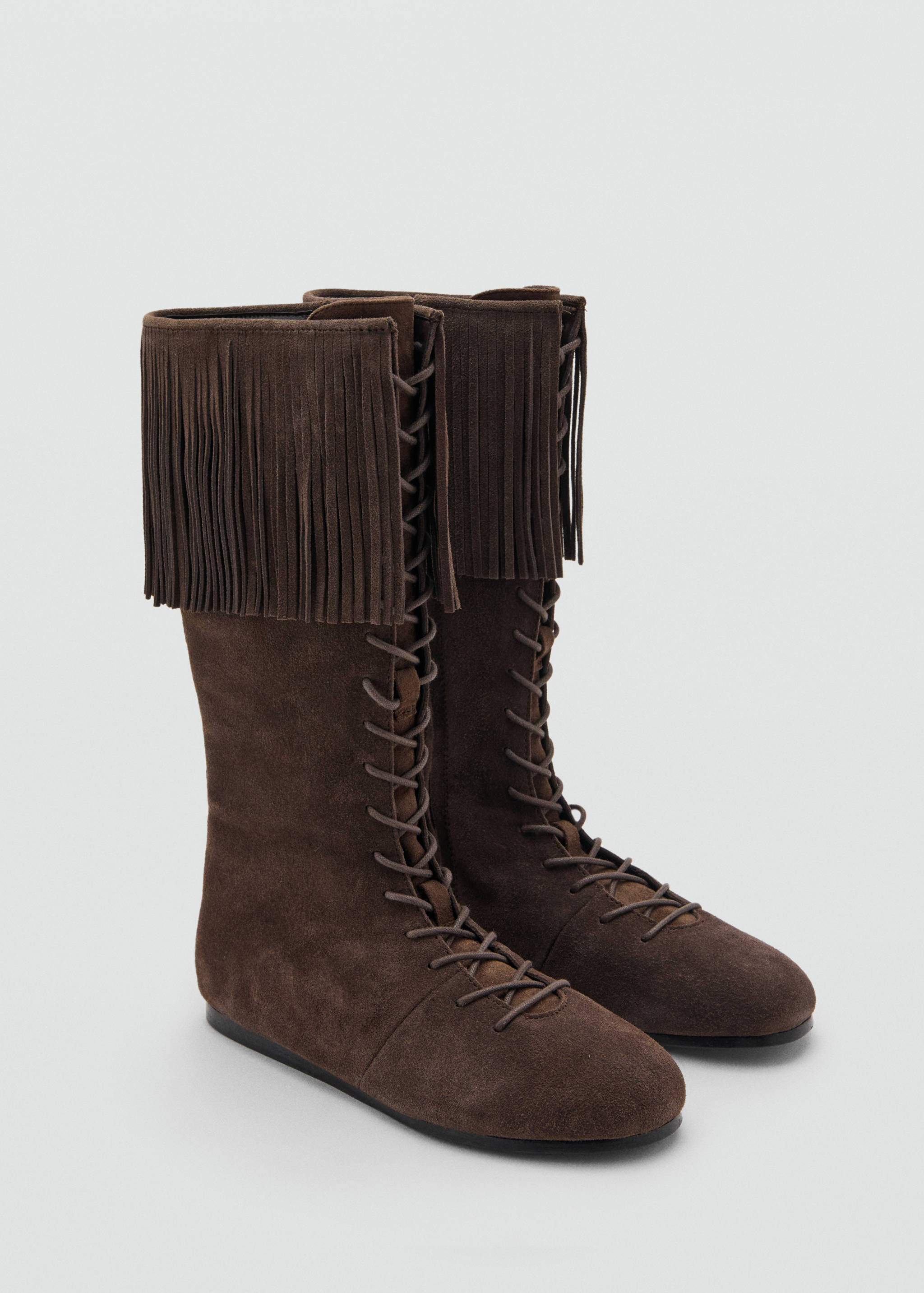 Brown suede kids' boots with front lacing and a fringed top cuff.