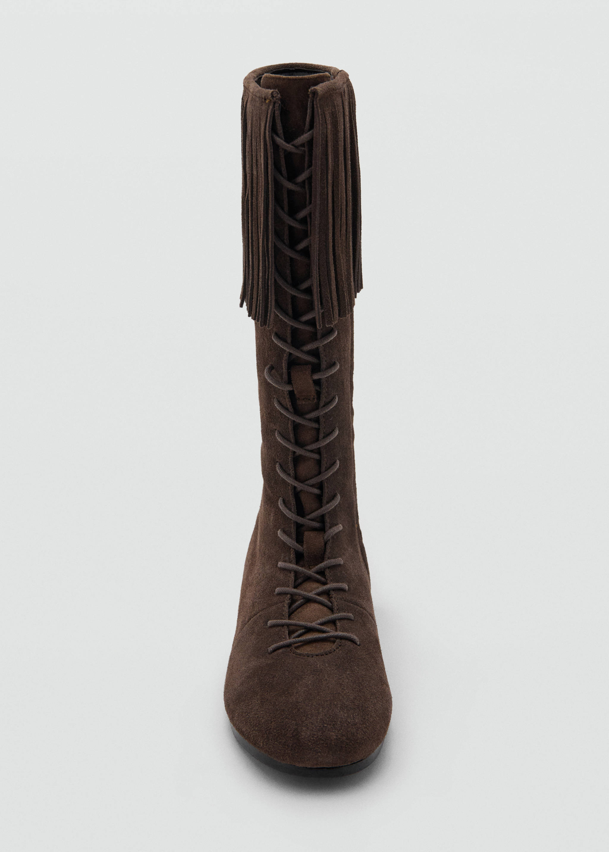 Brown lace-up boot with fringed cuff.