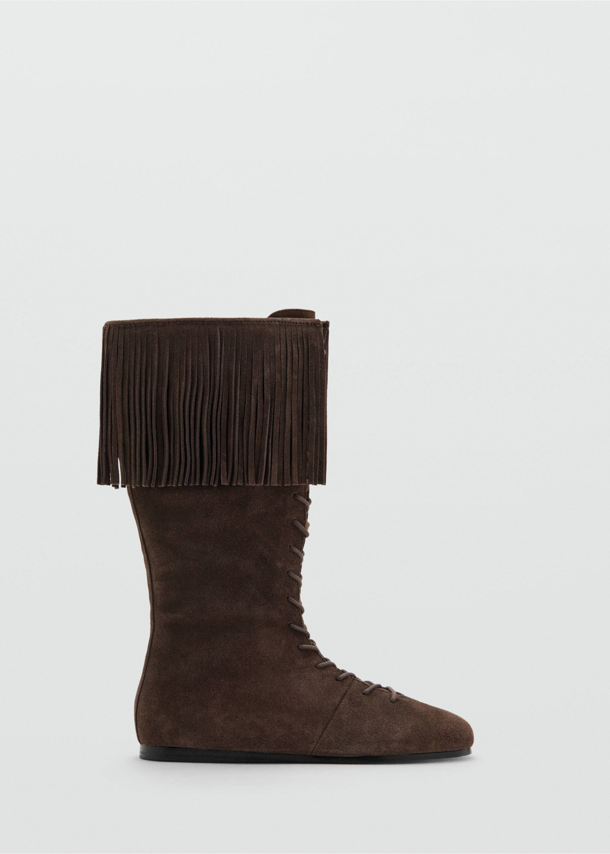 Brown suede lace-up boot with a fringed fold-over cuff., Chocolate. Ref: 17057894-00.