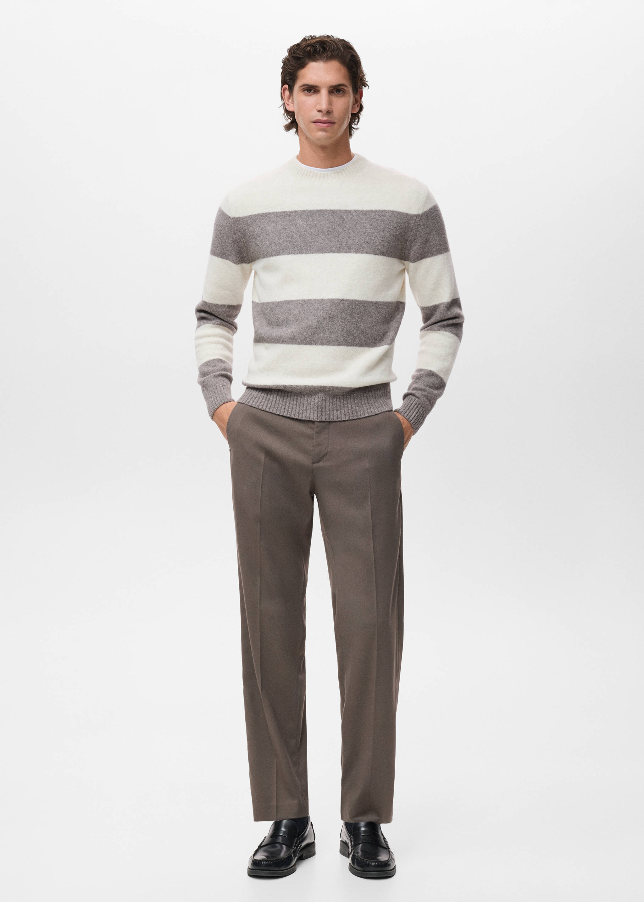 Striped crew-neck jersey in off-white and grey.