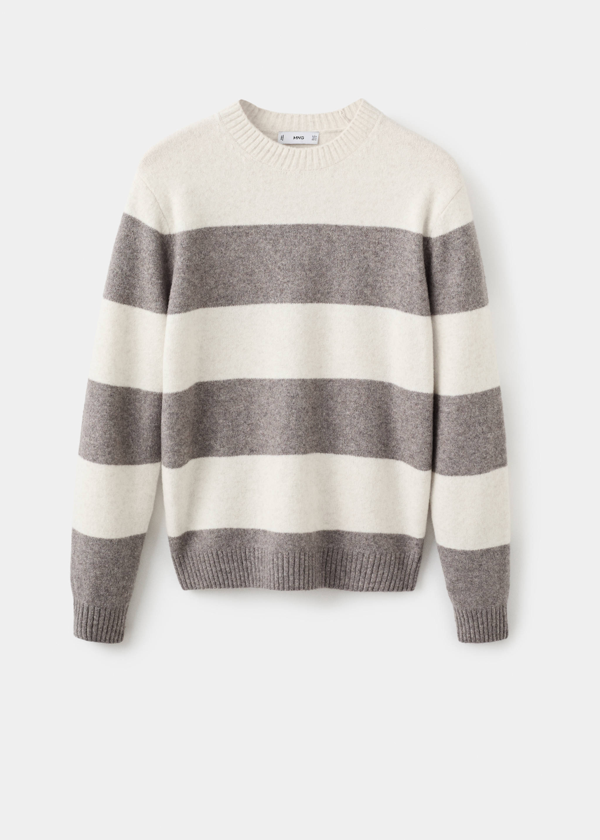 Off-white and grey striped crew neck knit sweater.