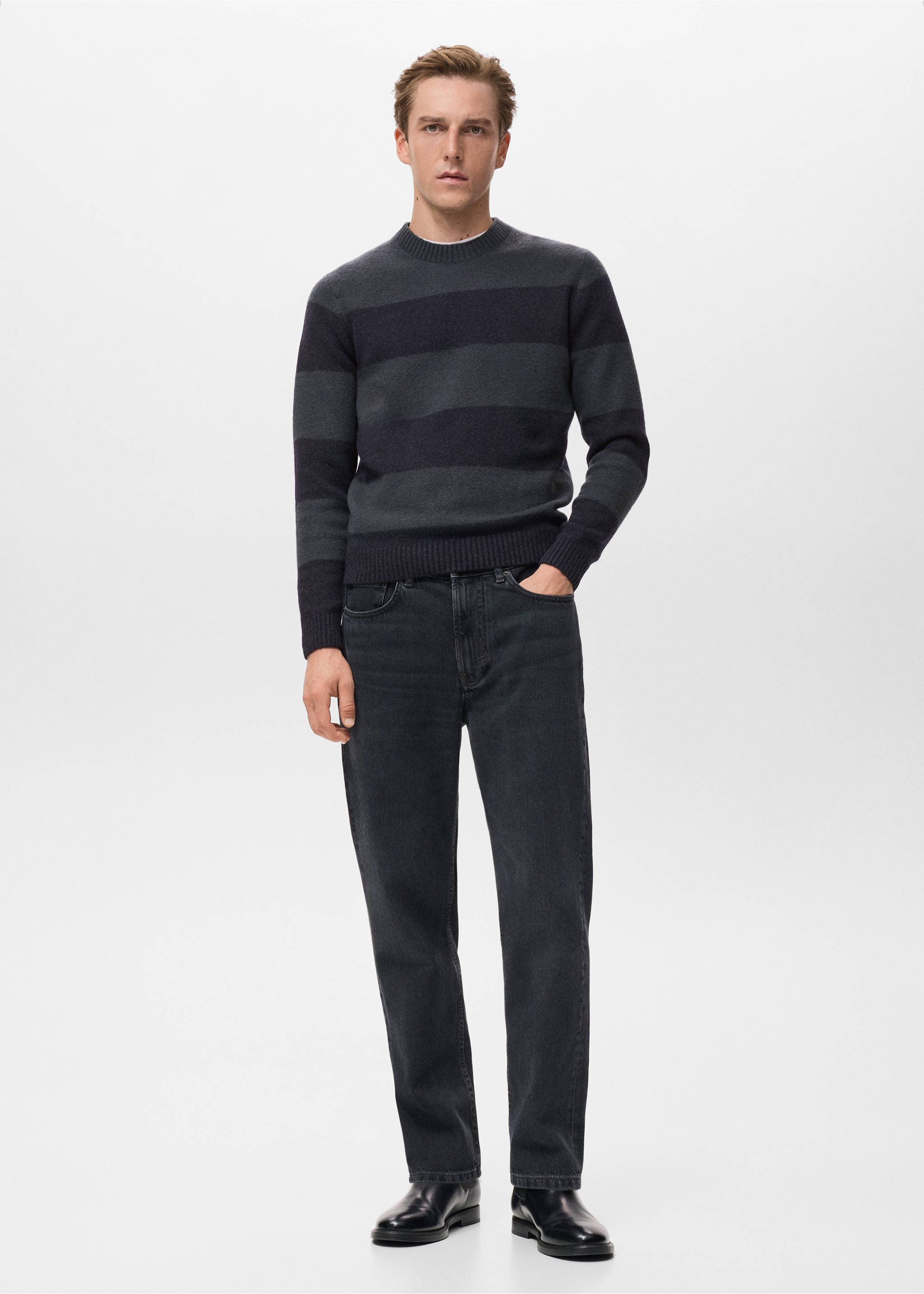 Grey striped crew neck sweater with ribbed trim, worn with dark grey jeans., Indigo Blue. Ref: 17057896-00.