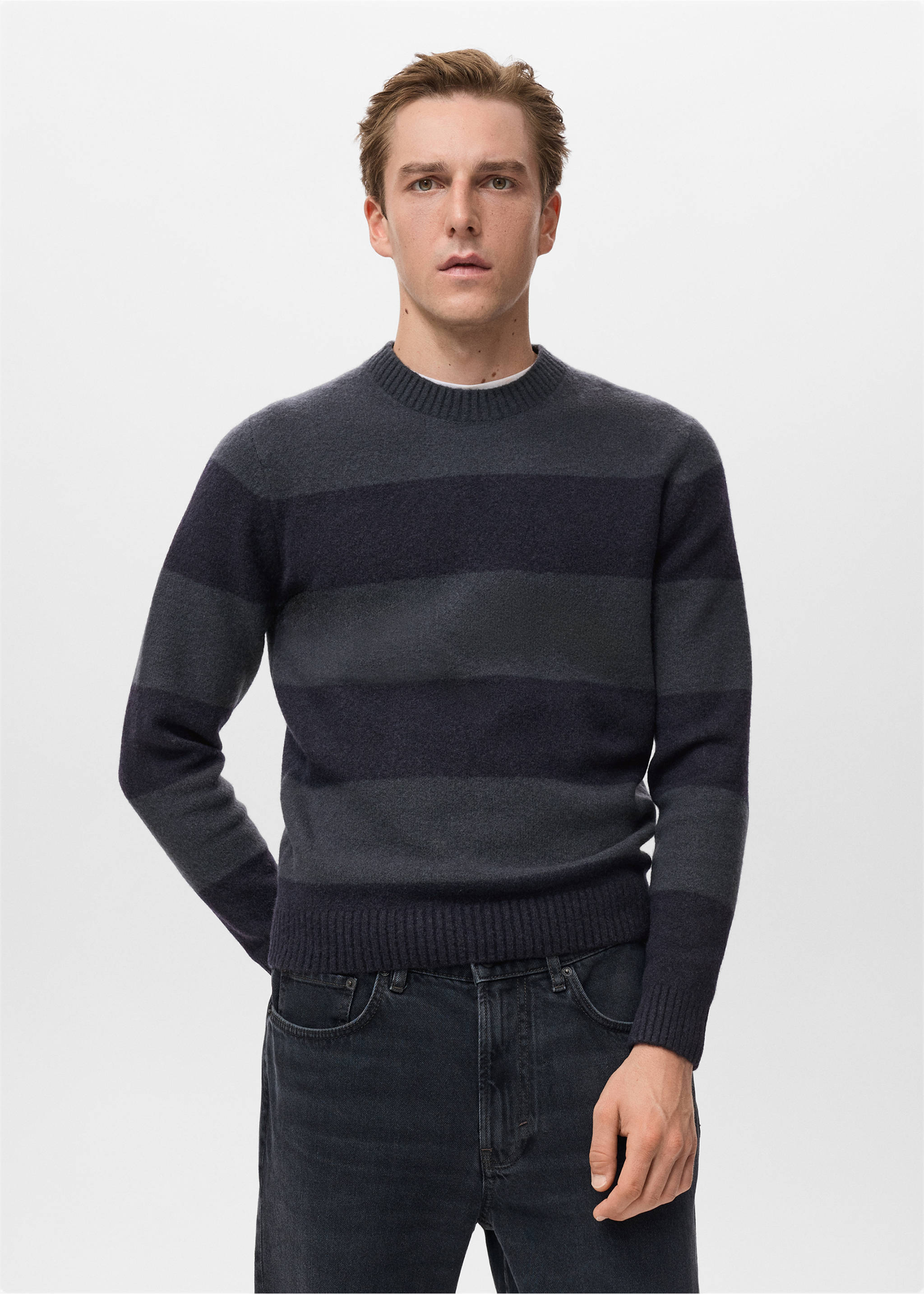 Dark navy and charcoal grey striped crew neck sweater with ribbed trims., Indigo Blue. Ref: 17057896-00.