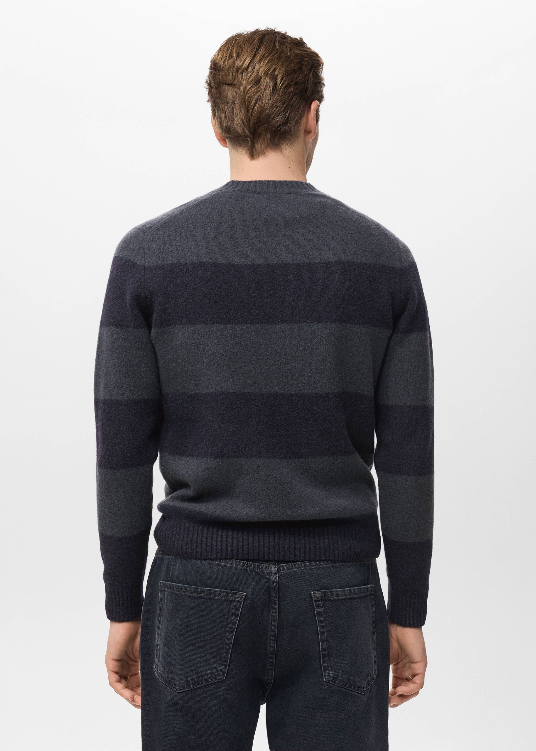 Back view of a striped grey and navy blue jersey with a crew neck., Indigo Blue. Ref: 17057896-00.