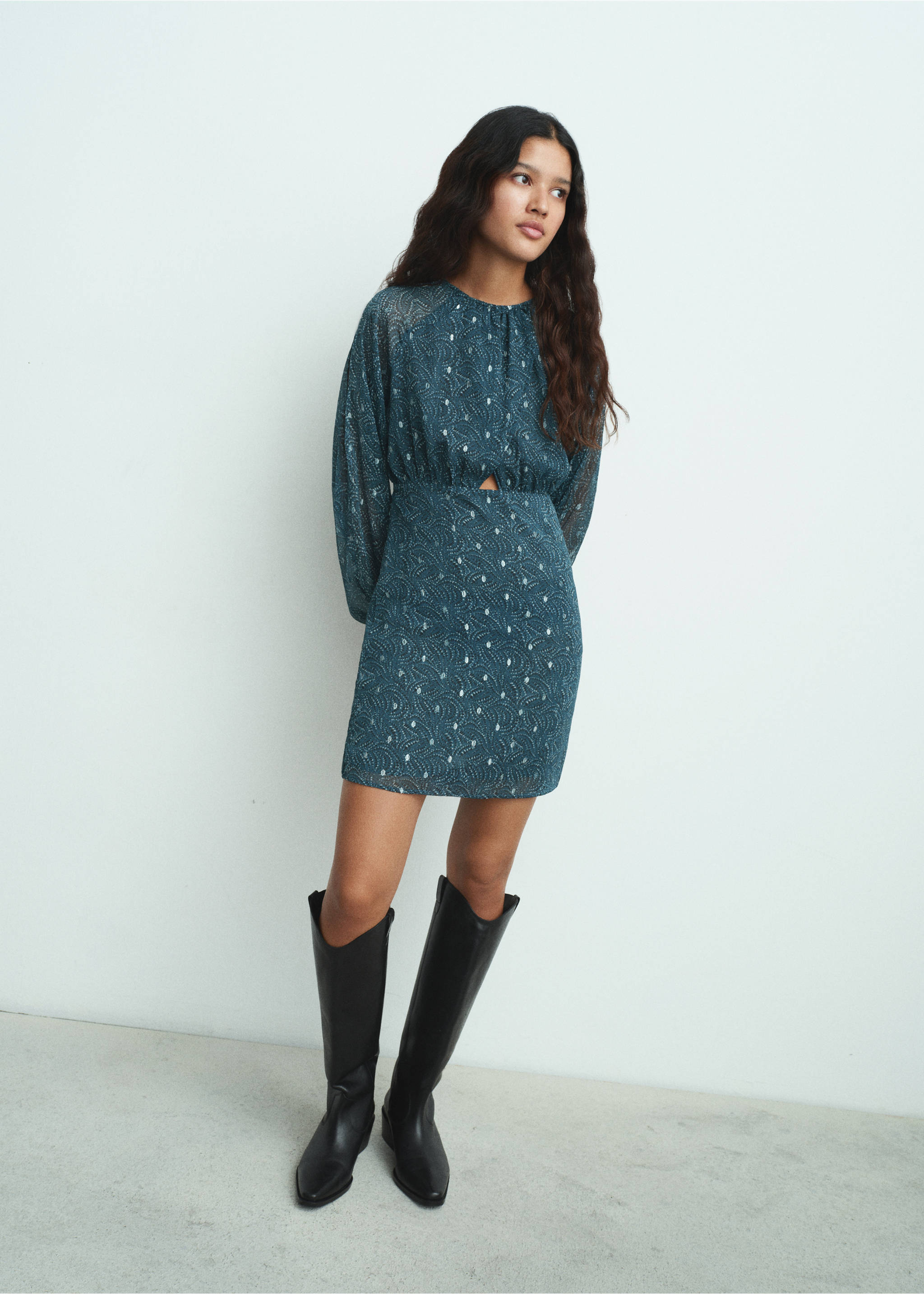 Lurex cut-out print dress - General plane, Petrol Blue. Ref: 17058275-00.