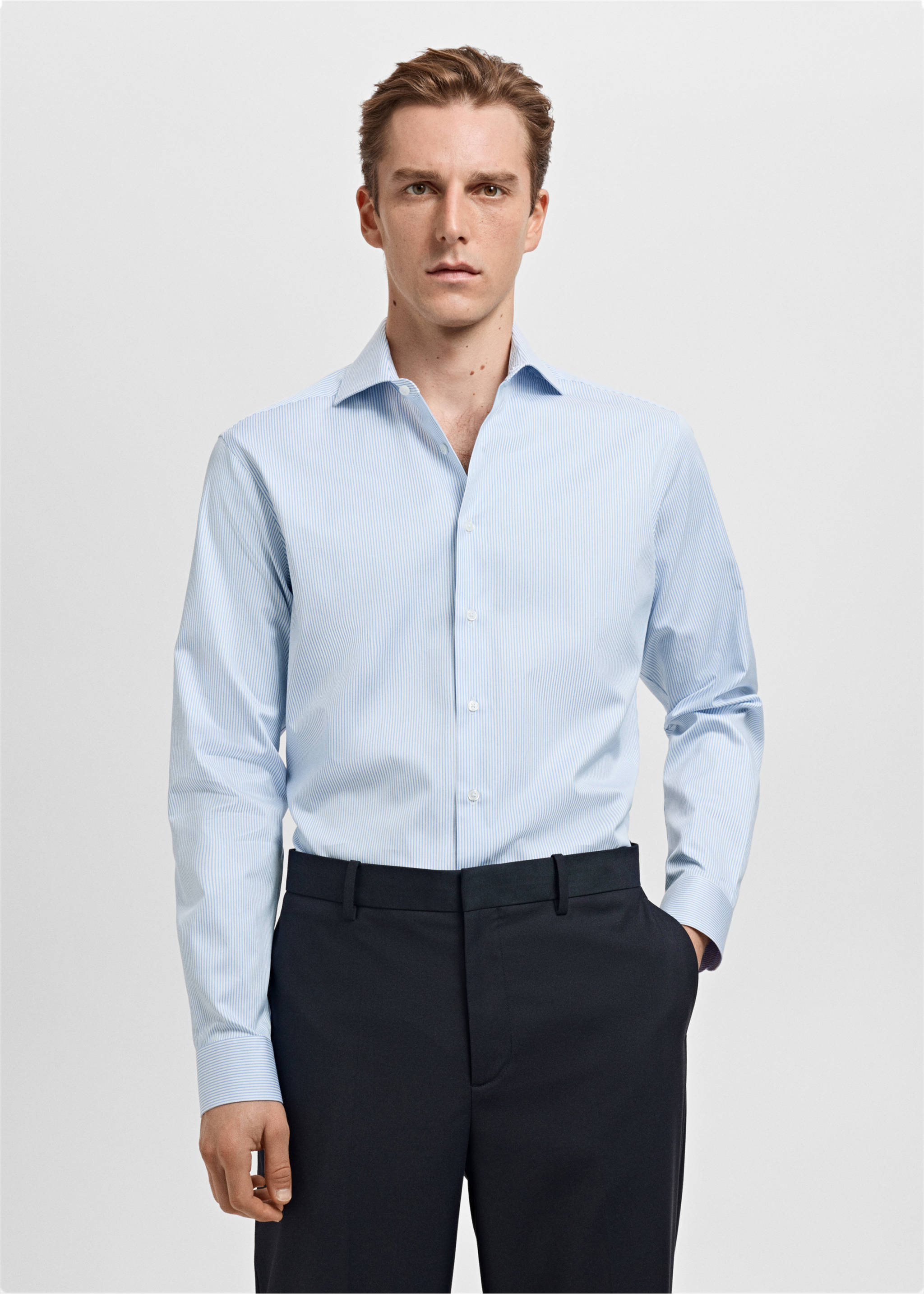 Slim-fit Giza cotton striped formal shirt - Medium plane, Sky Blue. Ref: 17058641-00.