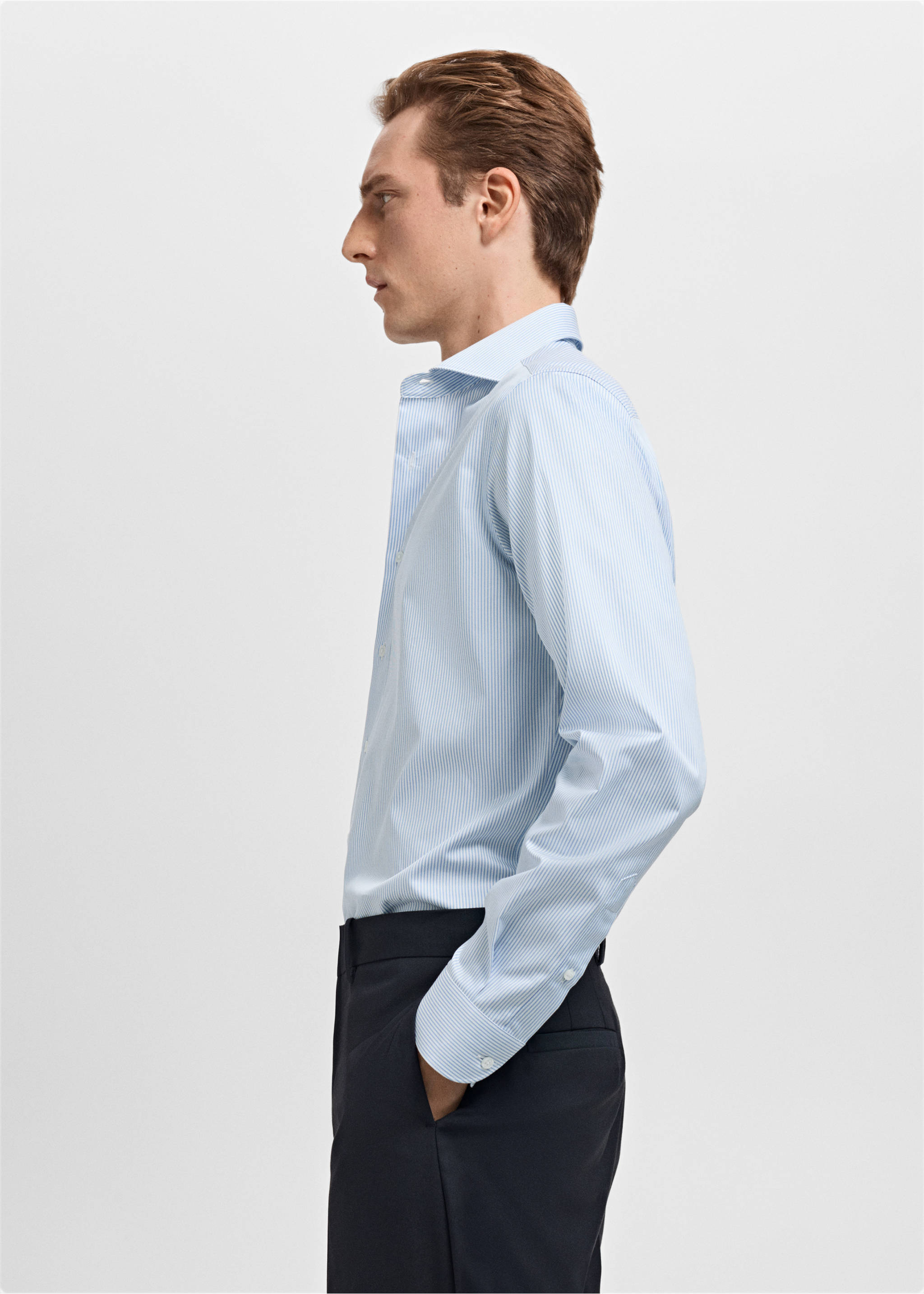 Slim-fit Giza cotton striped formal shirt - Details of the article 2, Sky Blue. Ref: 17058641-00.