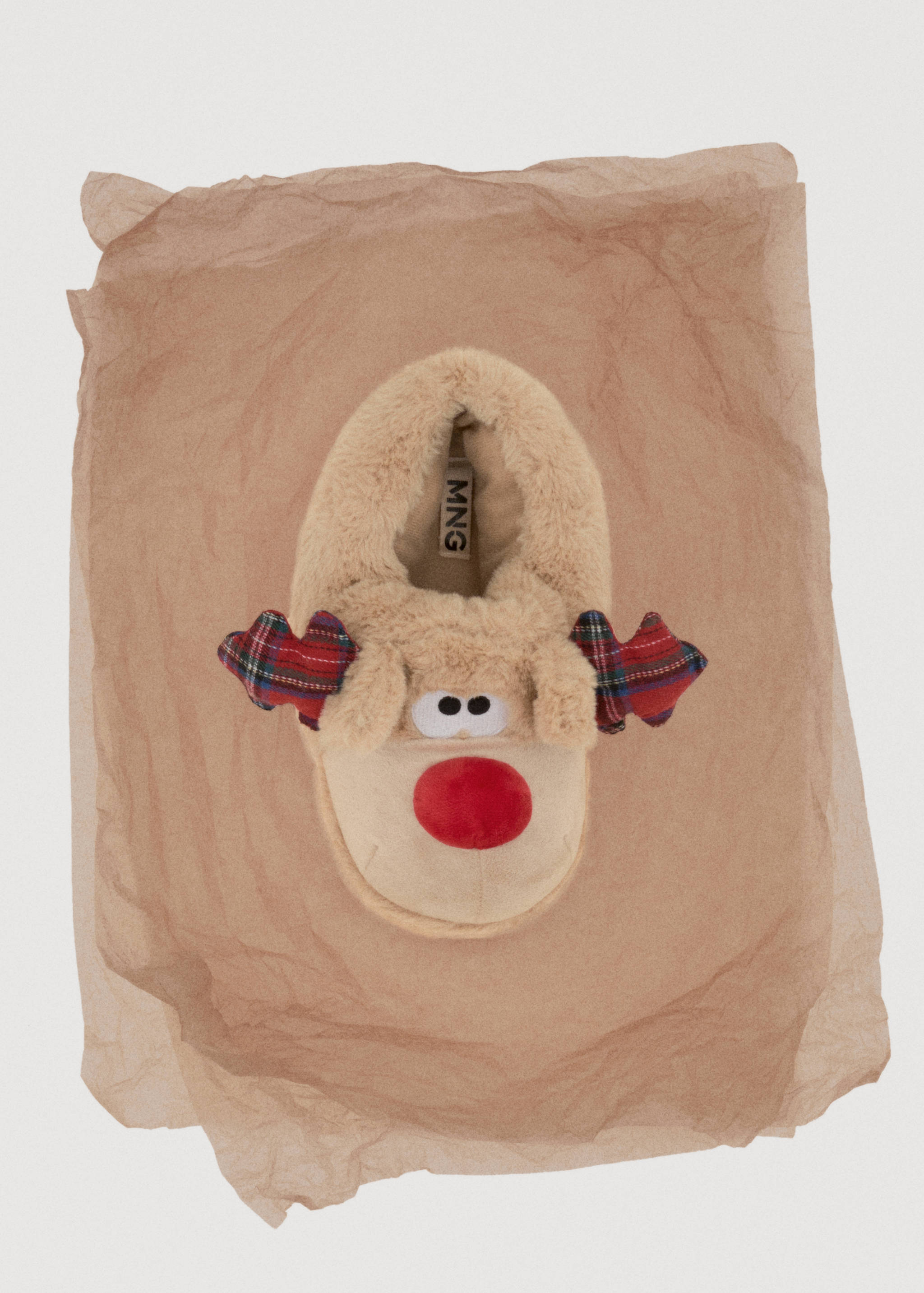 Beige faux-fur reindeer children's slippers with plaid antlers.