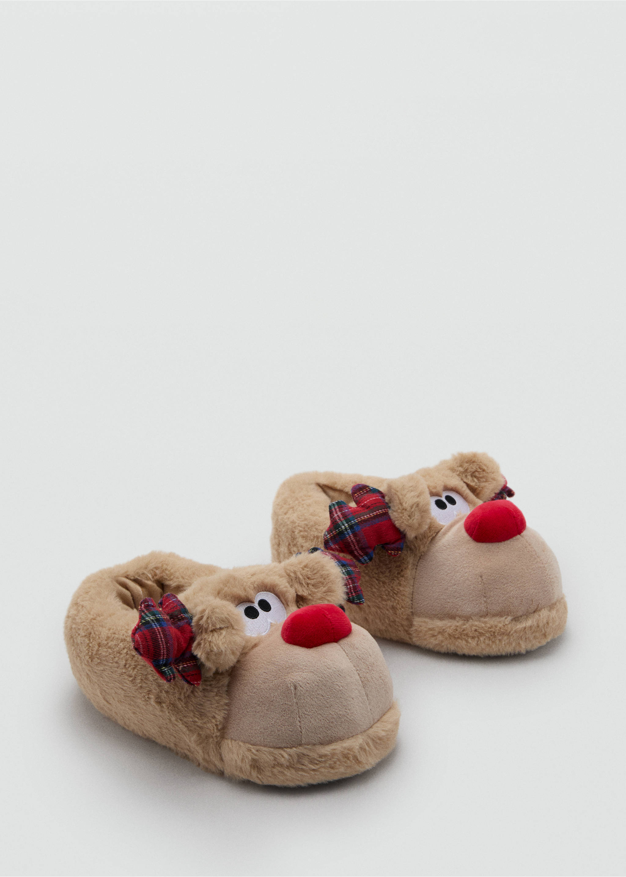 Beige faux-fur house slippers with reindeer details and red noses., Brown. Ref: 17059099-00.