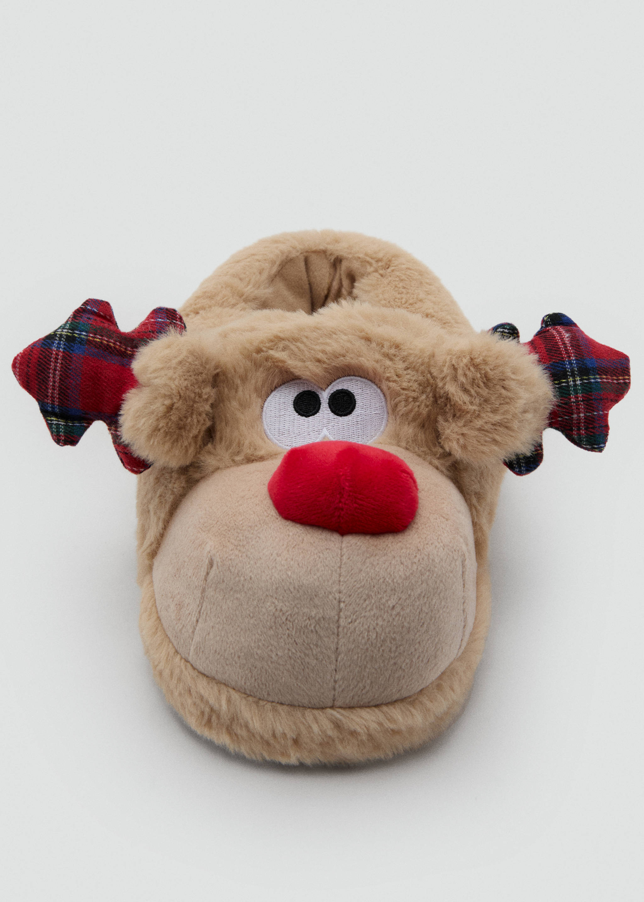 Beige faux-fur kids' reindeer house slippers with tartan antlers and a red nose.