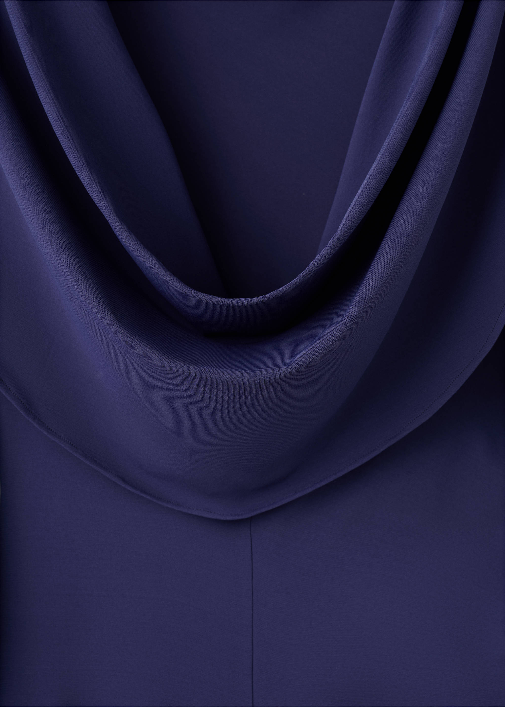Close-up of a navy blue dress with a draped cowl neckline., Blue. Ref: 17059118-00.