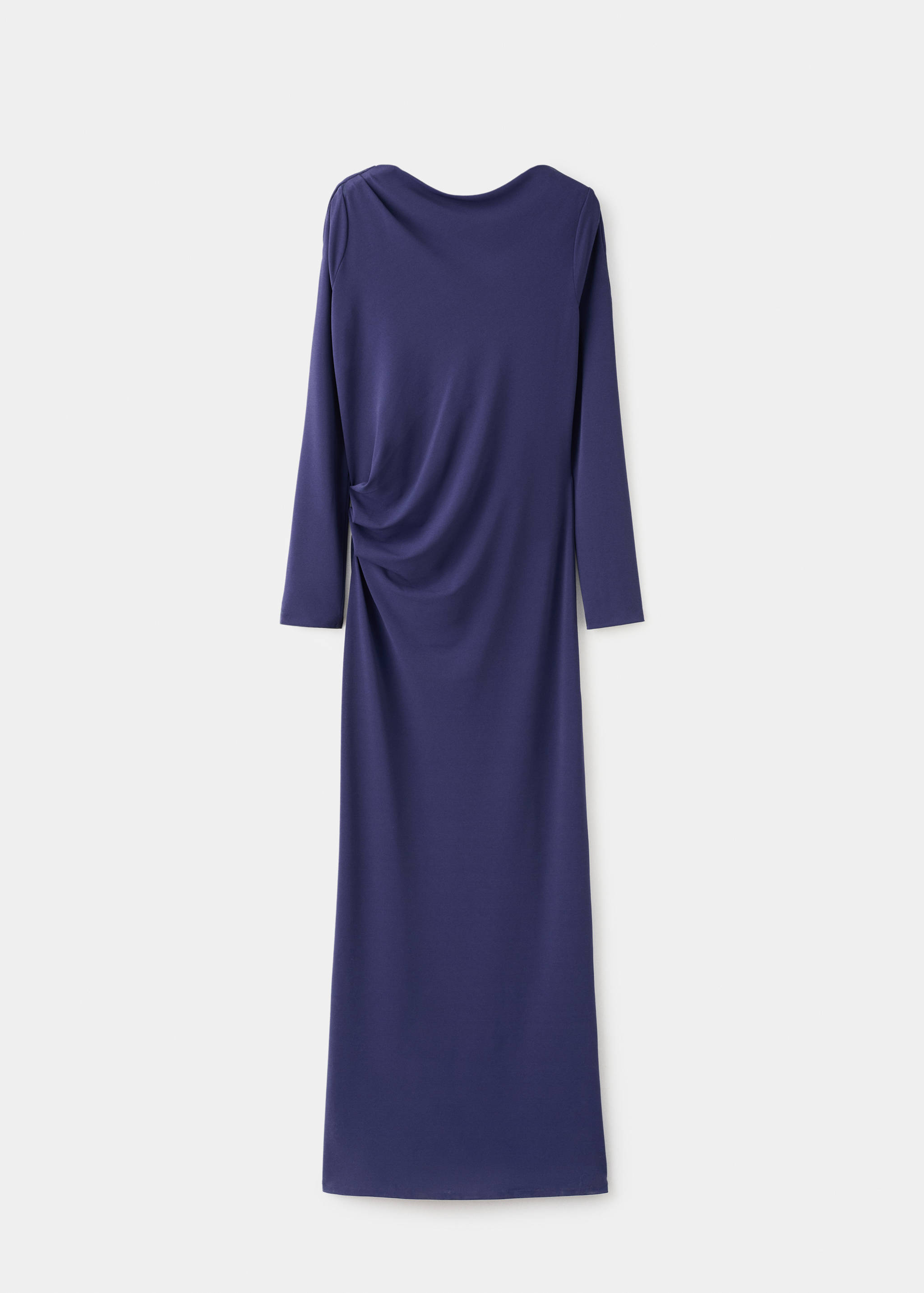 Purple midi dress with long sleeves and gathered side draping.
