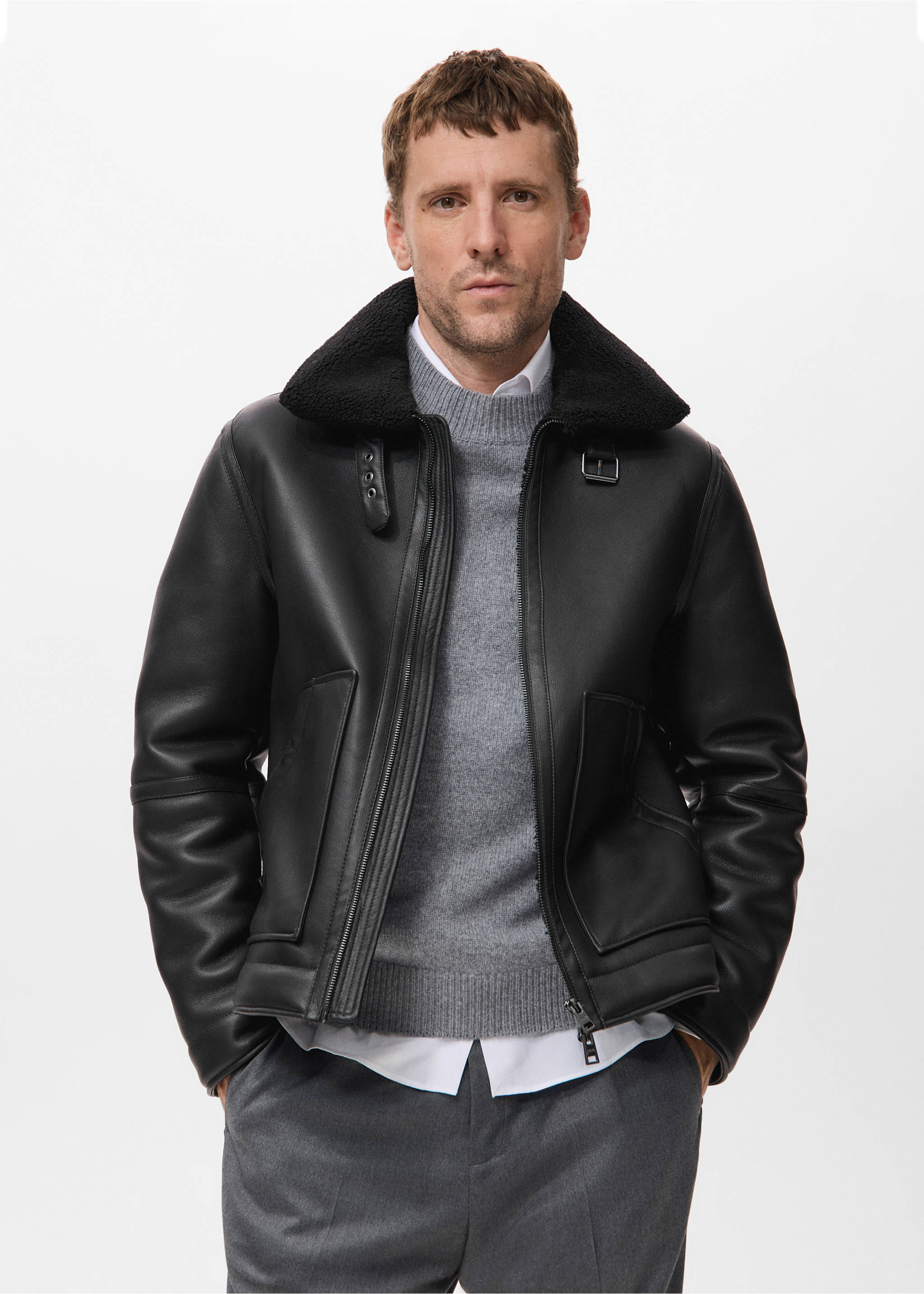 Faux-leather fleece jacket - Medium plane, Black. Ref: 17059206-00.