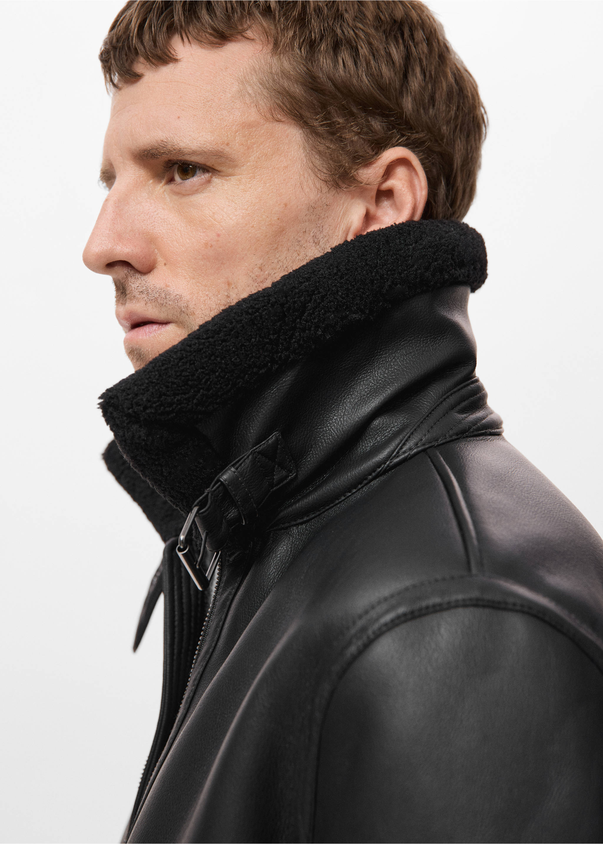Faux-leather fleece jacket - Details of the article 3, Black. Ref: 17059206-00.