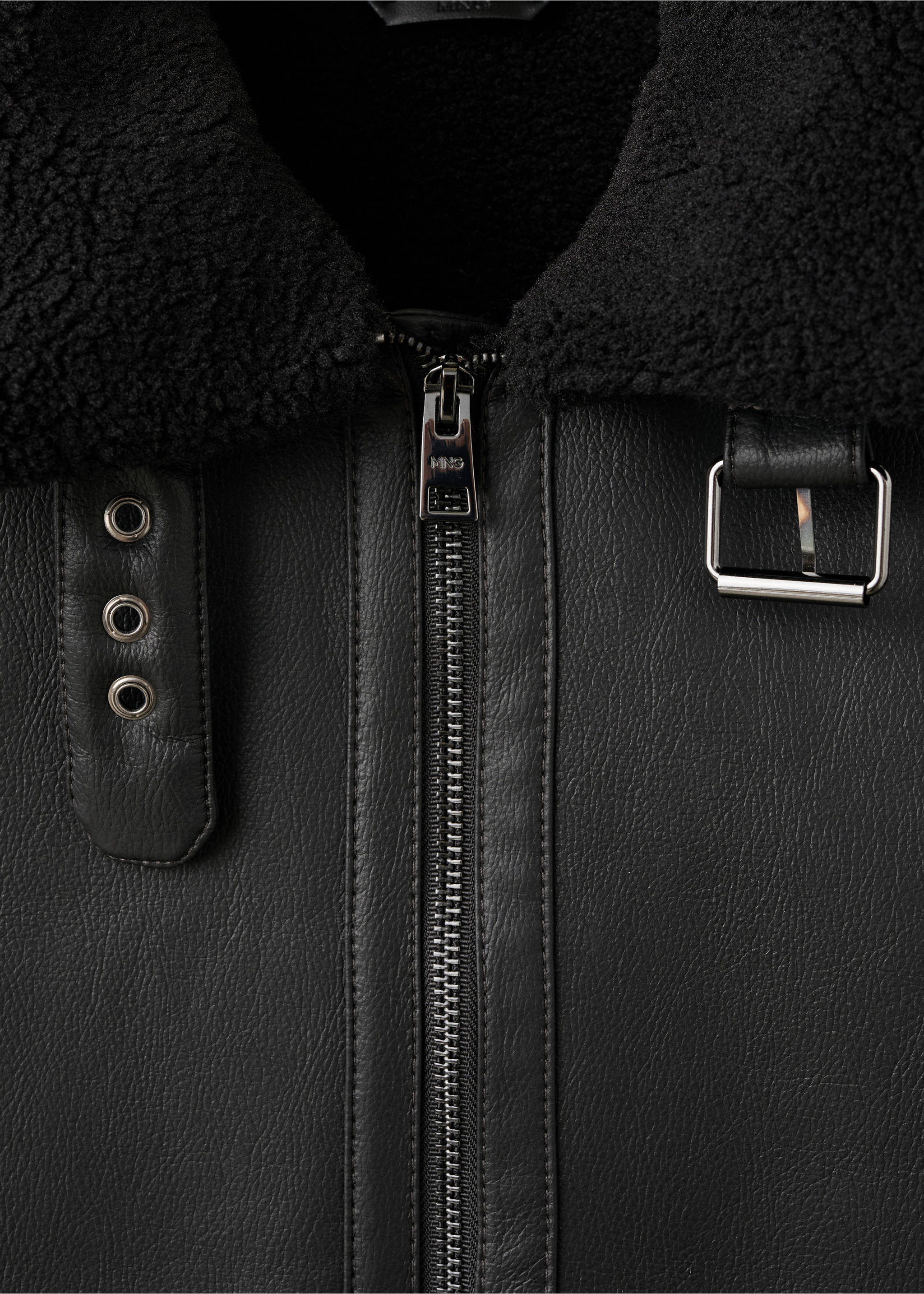 Faux-leather fleece jacket - Details of the article 8, Black. Ref: 17059206-00.