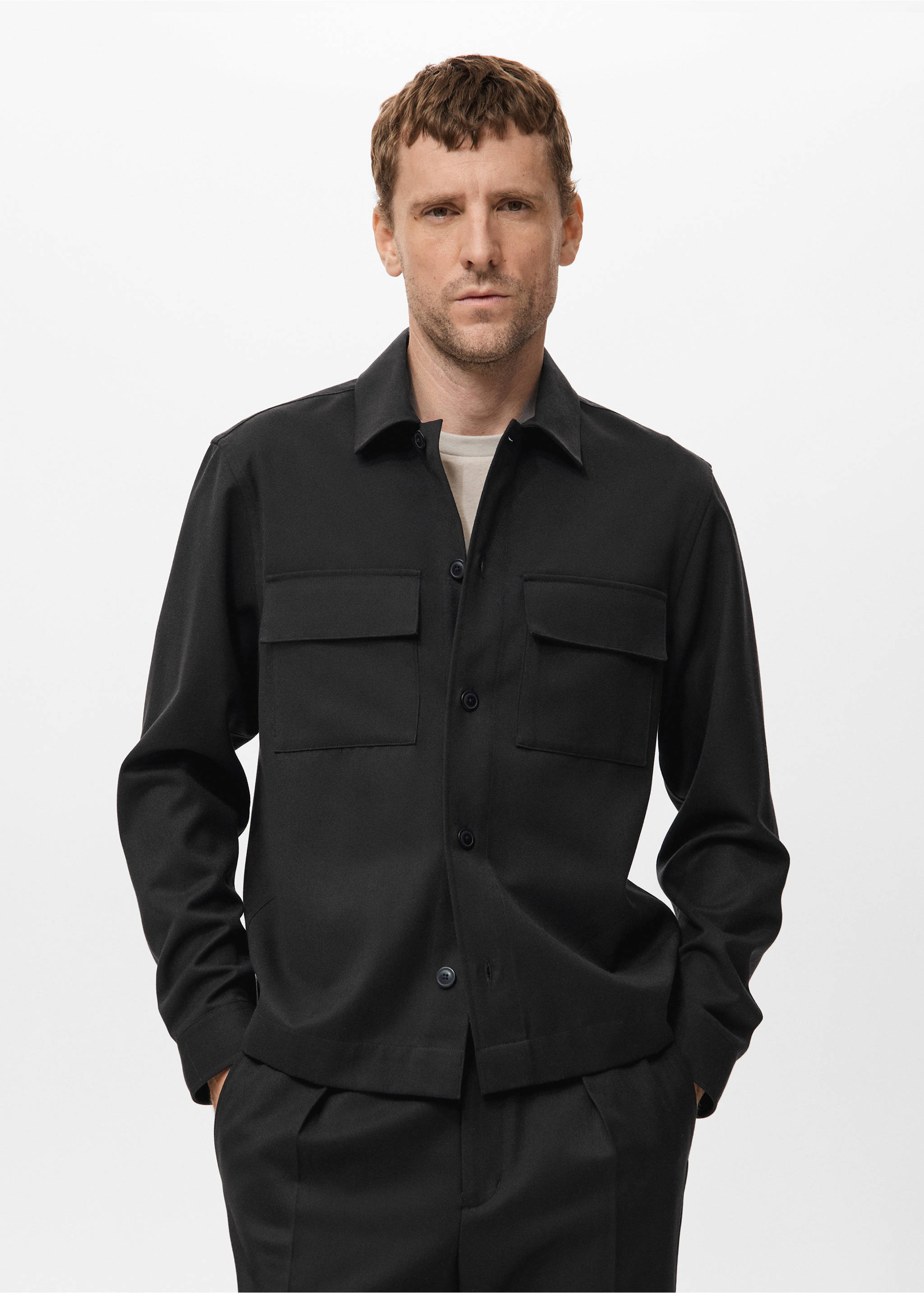 Flannel overshirt with pockets - Medium plane, Black. Ref: 17059208-00.