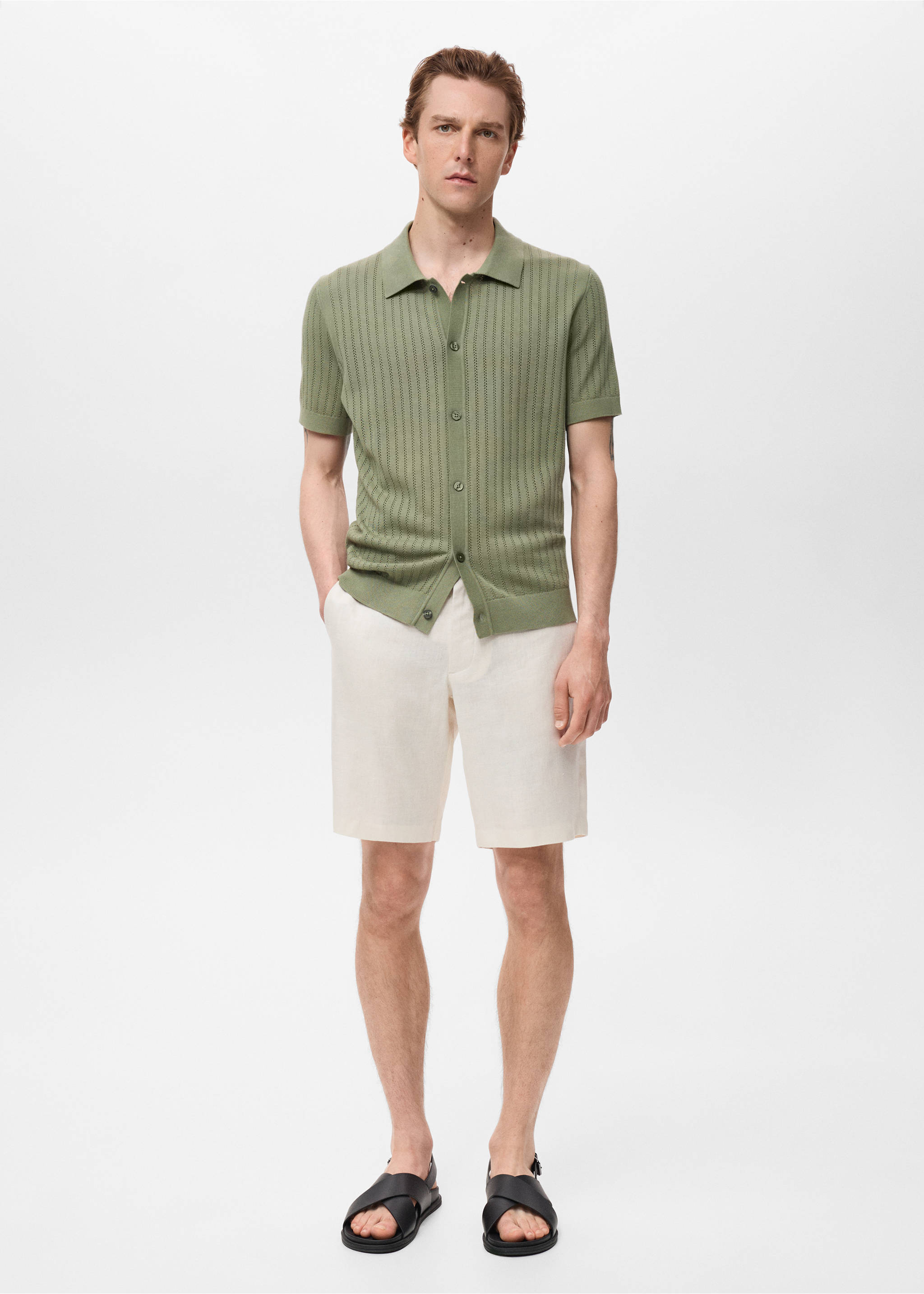Slim-fit 100% linen bermuda shorts - General plane, Off White. Ref: 17061142-00.
