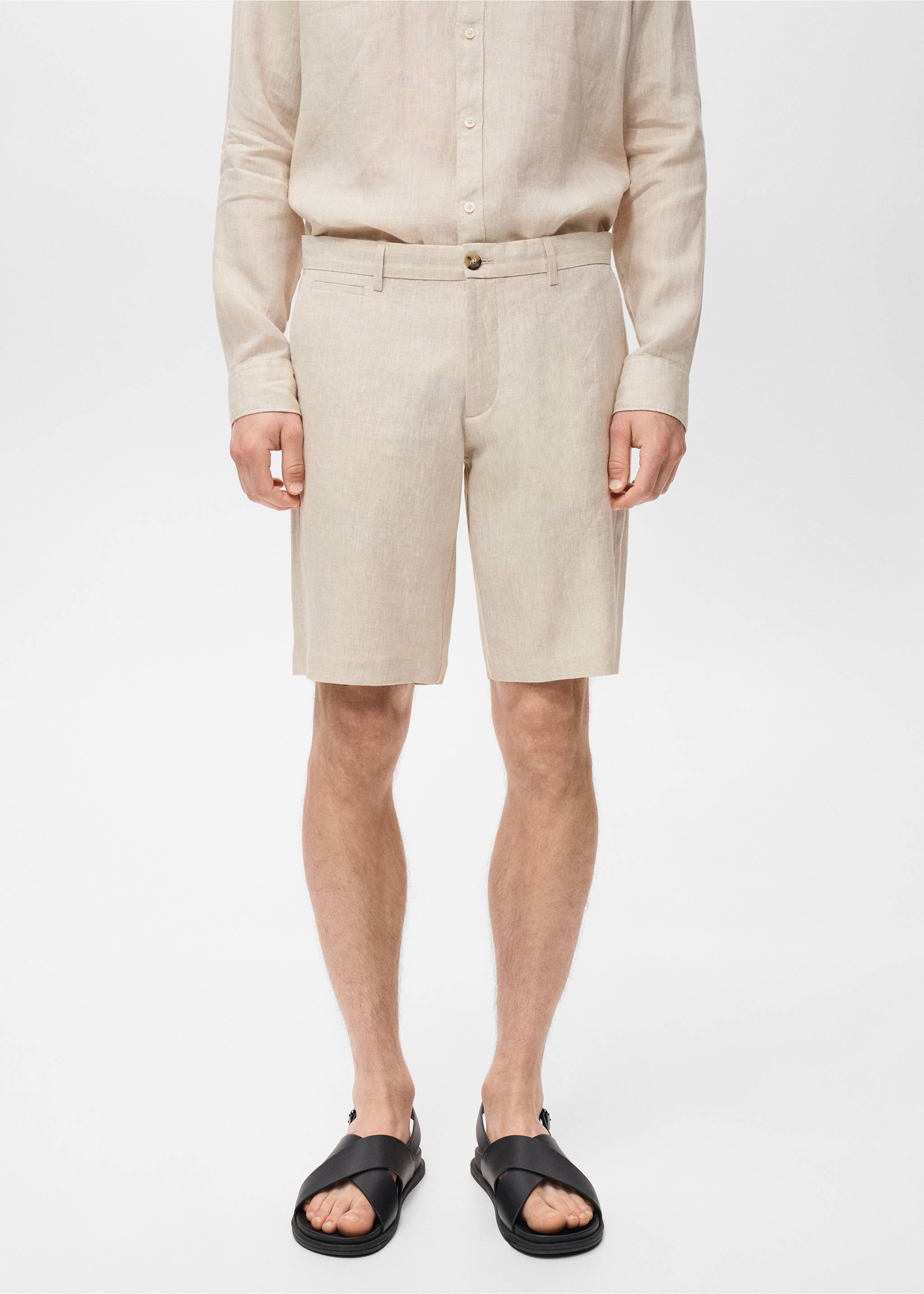 Slim-fit 100% linen bermuda shorts - Medium plane, Ecru. Ref: 17061142-00.