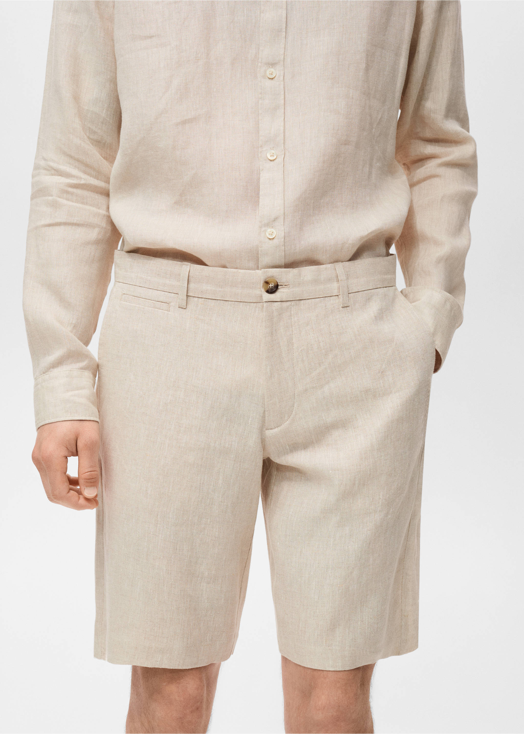 Slim-fit 100% linen bermuda shorts - Details of the article 1, Ecru. Ref: 17061142-00.