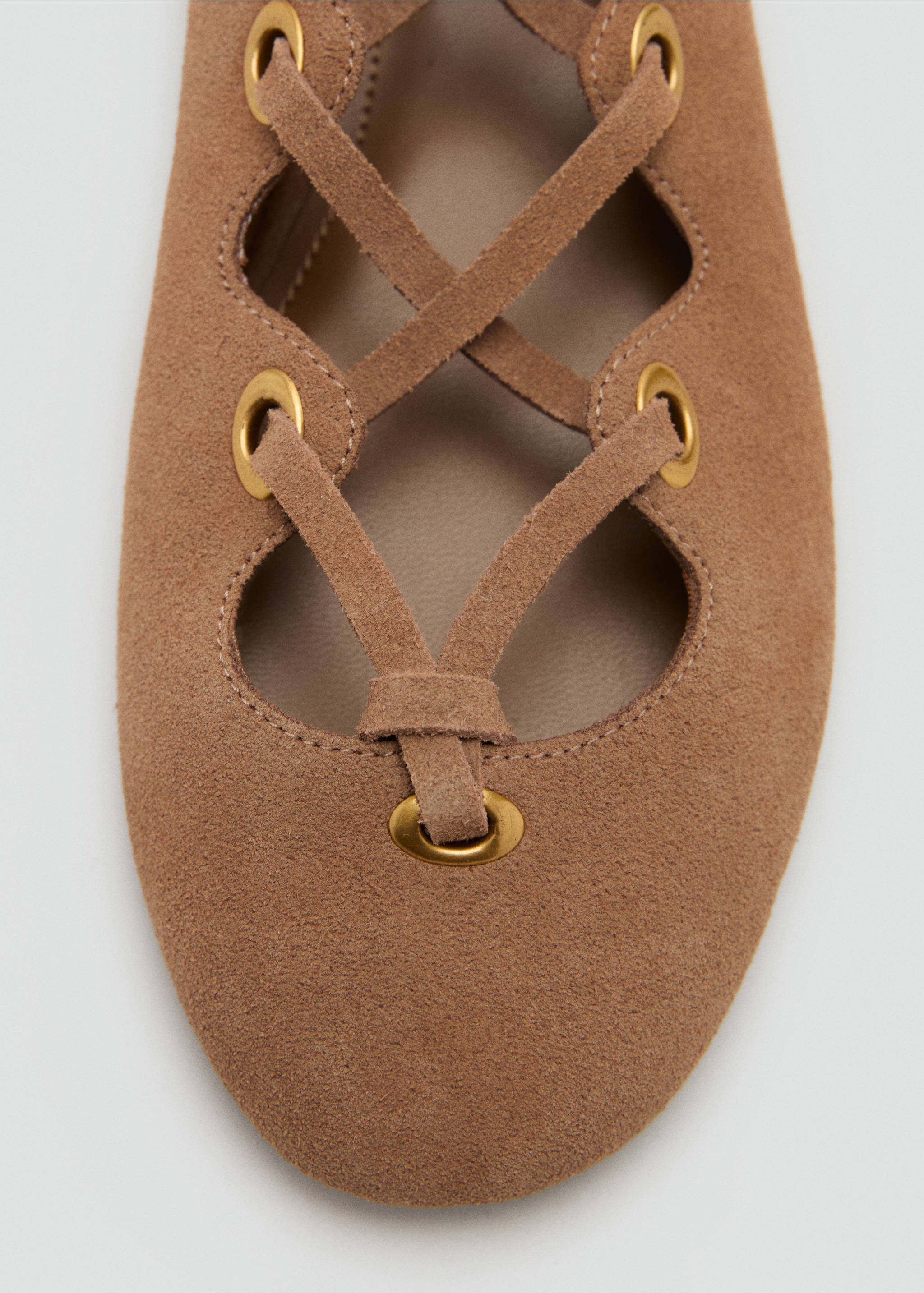 Suede ballet flats with crossed straps - Details of the article 1, Sand. Ref: 17061146-00.